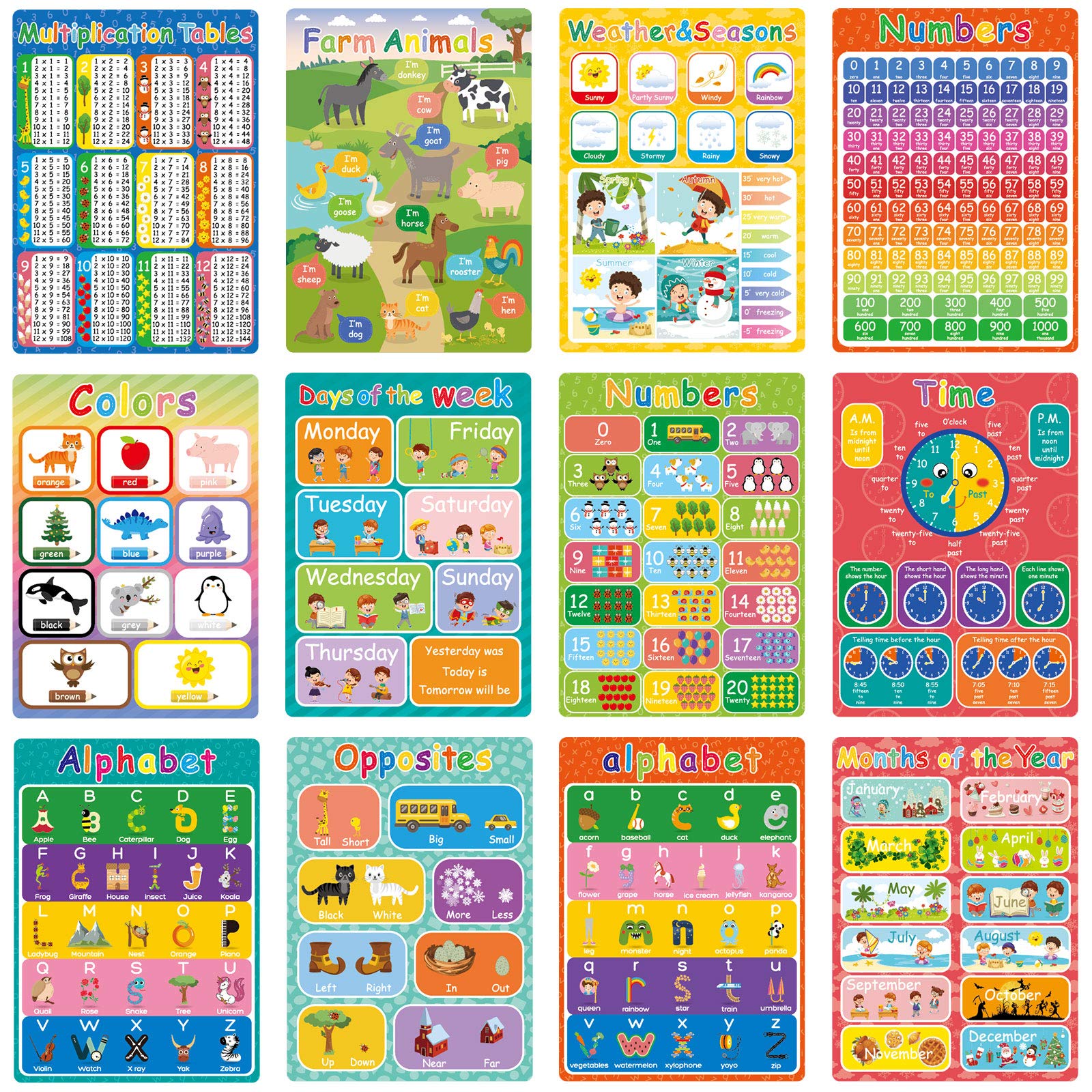 Whaline 12Pcs Educational Preschool Poster for Toddler Nursery Homeschool Early Learning Charts Classroom Wall Decoration for Kindergarten, Pre-K, Daycare, Toddlers, 11.8 x 16.5 Inch
