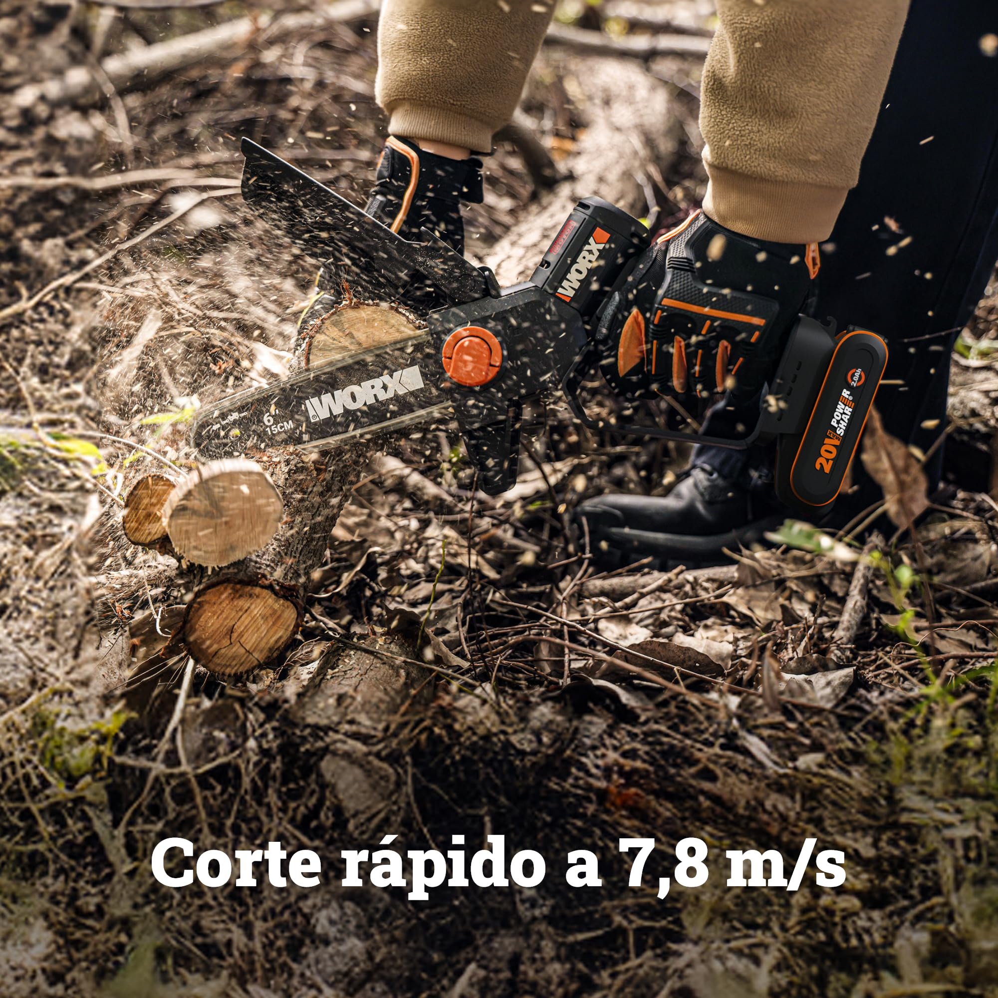 WORX WG327E Mini Motosierra 15cm 20V 2Ah Brushless, una Mano | Motor brushless NITRO, cambio cadena sin herramientas, doble seguridad, cargador 1h incluido, compatible 20V/40V