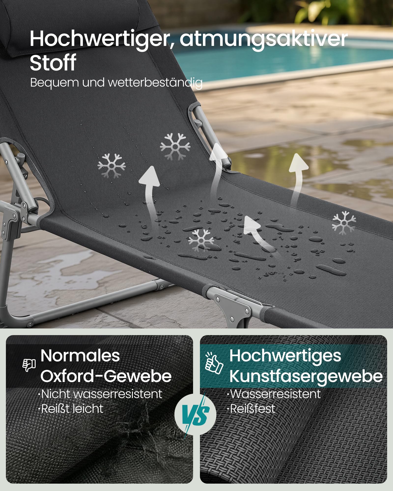 SONGMICS Sonnenliege, klappbarer Liegestuhl, 193 x 53 x 29 cm, trägt bis zu 150 kg, Sonnenschutz, Kopfkissen, verstellbare Rückenlehne, für Garten, Pool, Terrasse, dunkelgrau GCB19UV1
