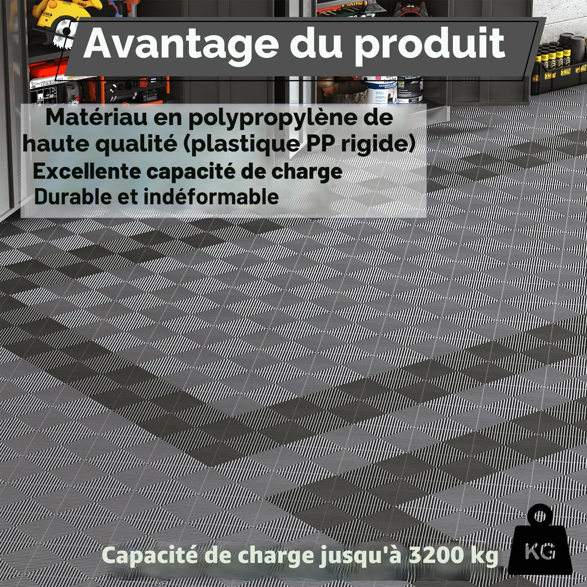 Lot de 20 dalles de sol en polypropylène 40 x 40 cm - Tapis de sol de garage emboîtables - Tapis de drainage pour garage, intérieur extérieur, piscine, capacité de charge : 3200 kg (3,2 m²)
