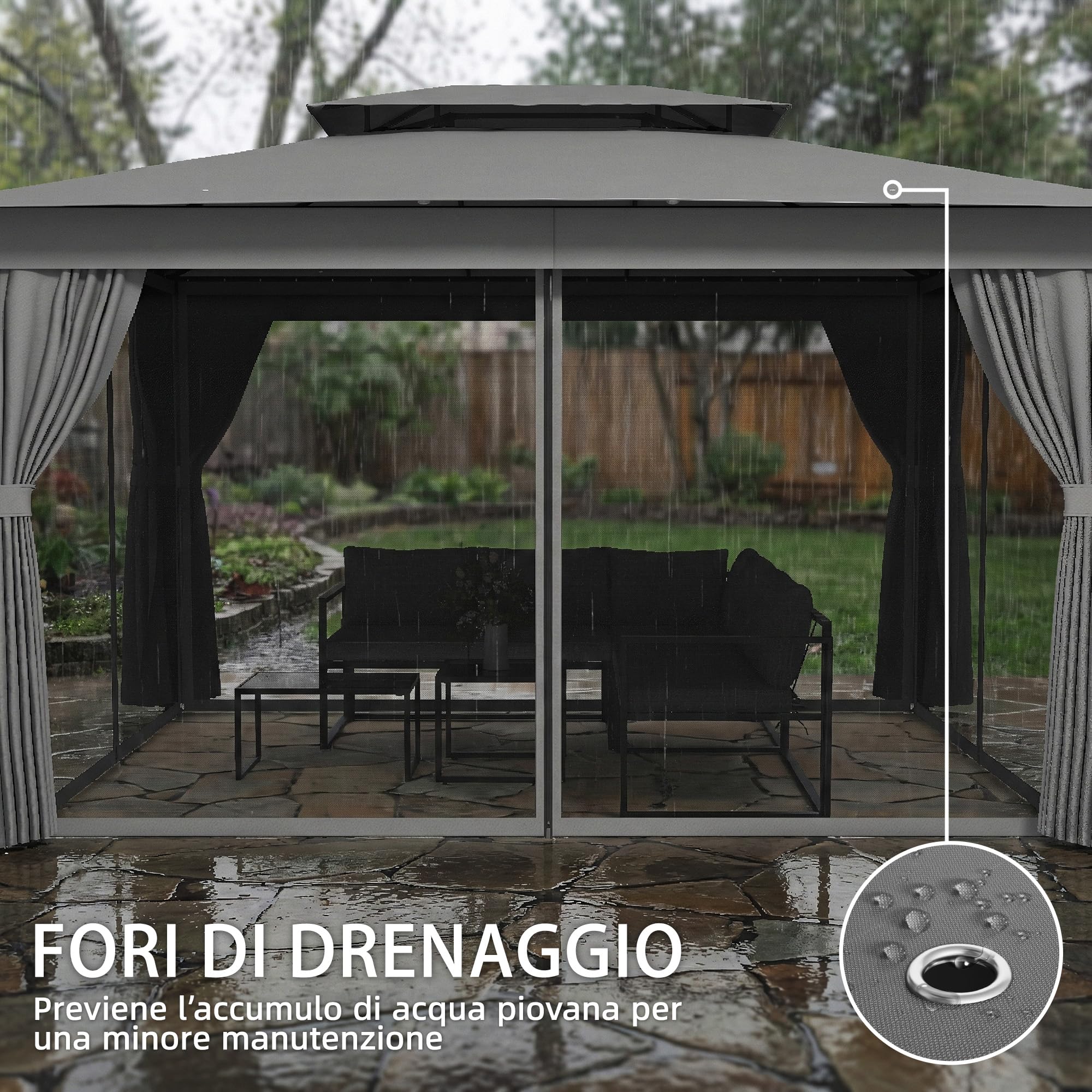 Outsunny Gazebo da Giardino 3.8x3 m con Tende e Zanzariera Grigio Scuro | Ganci, Doppio Tetto con Fori di Drenaggio, Struttura Metallica, per Feste Terrazzo Patio Giardino, UV30+