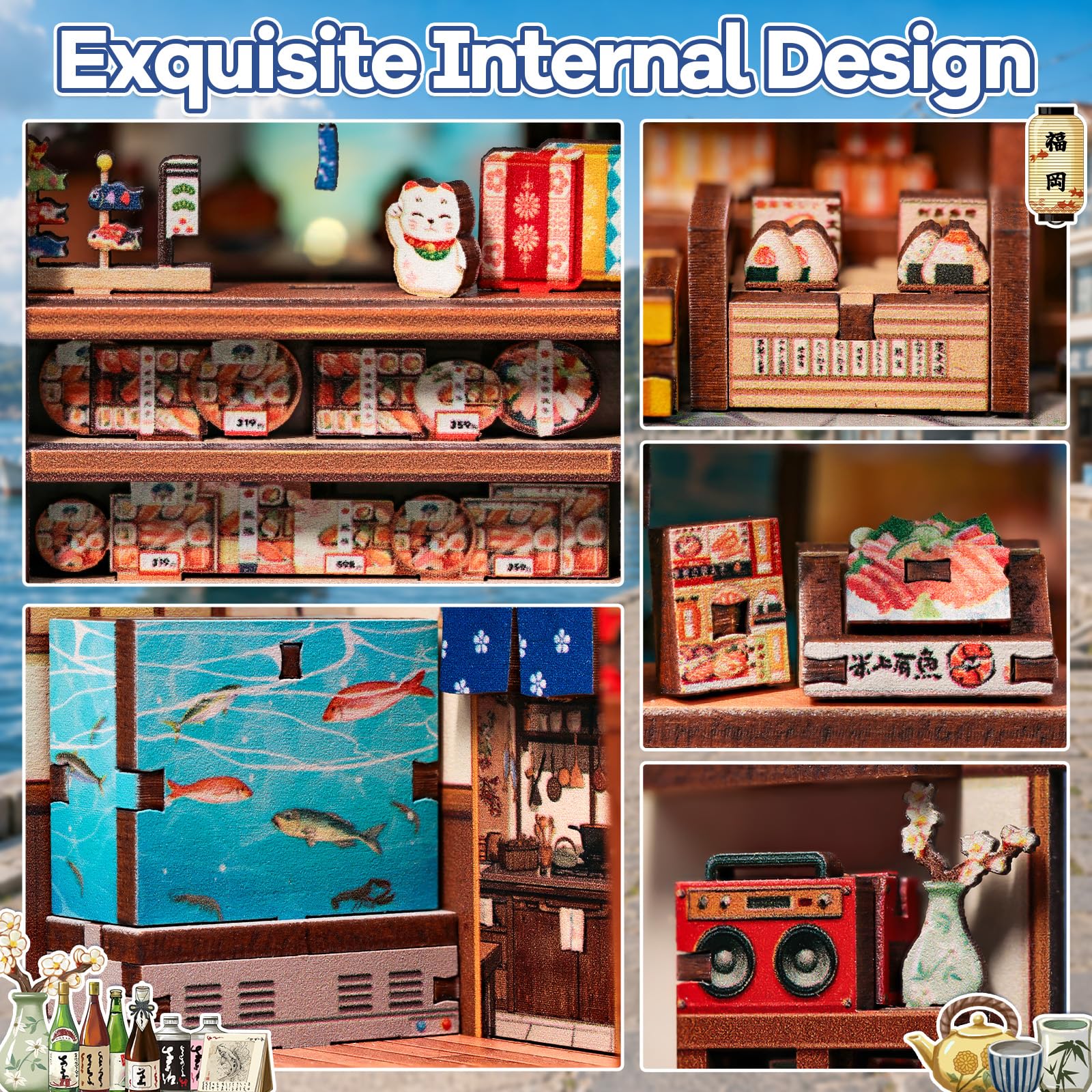 Kit de rincón de libros, miniaturas de casas de muñecas, estilo japonés, decoración decorativa del hogar, gran regalo para adultos y adolescentes (cocina Fukuoka Mentaiko)