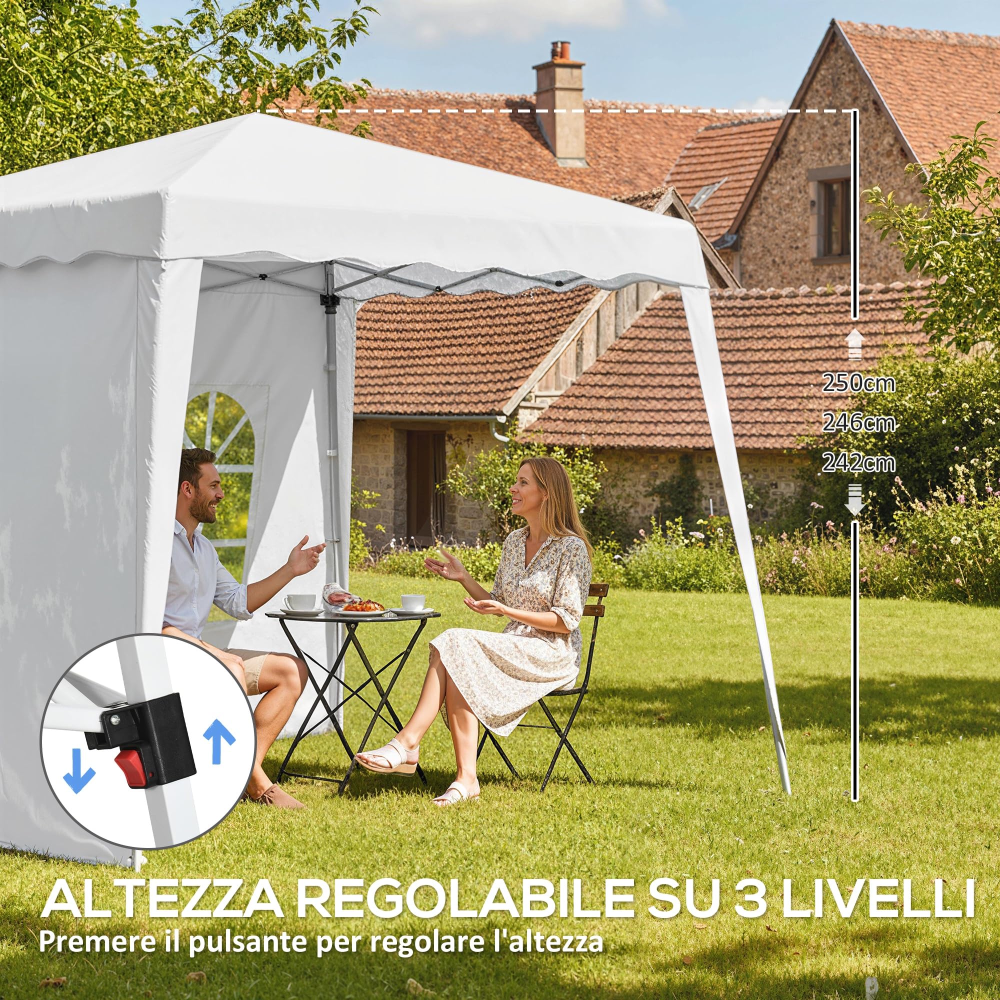 Outsunny Gazebo Pieghevole 2.4x2.4 m Pop Up Altezza Regolabile Bianco | 3 Livelli, Borsa da Trasporto, Gazebo da Esterno, Acciaio e Oxford, UV50+, per Giardino, Feste