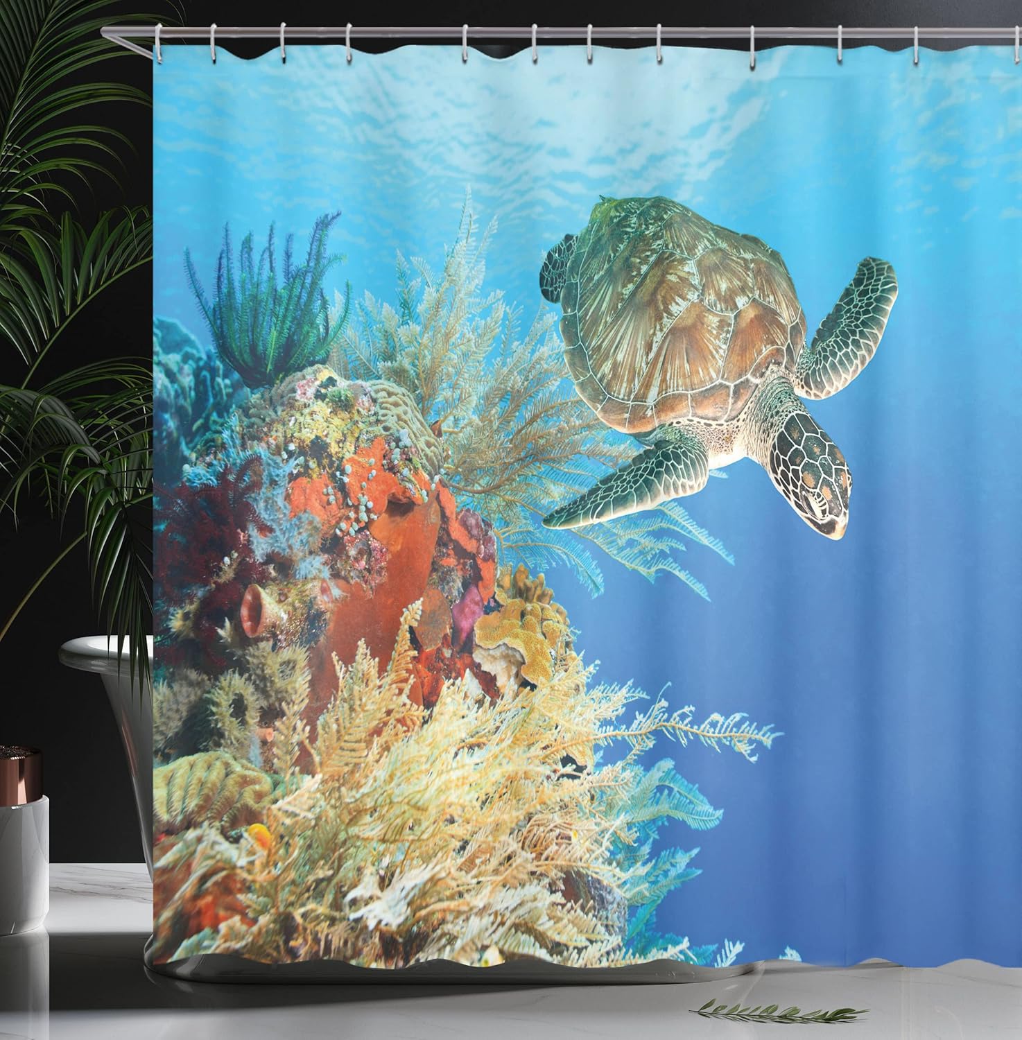 Ambesonne Turtle Shower Curtain, Colorful Underwater Animal Swimming Among The Coral Reef Scenic Exotic View, Cloth Fabric Bathroom Decor Set with Hooks, 69" W x 70" L, Aqua Beige