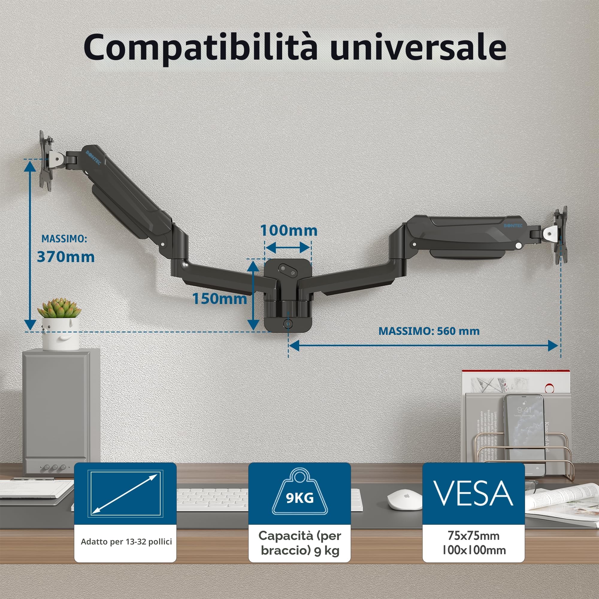 BONTEC Braccio Monitor Doppio 13-32", Braccio a Molla a Gas Regolabile in Altezza, Inclinazione, Rotazione, Supporta fino a 9KG, VESA 75x75, 100x100 mm