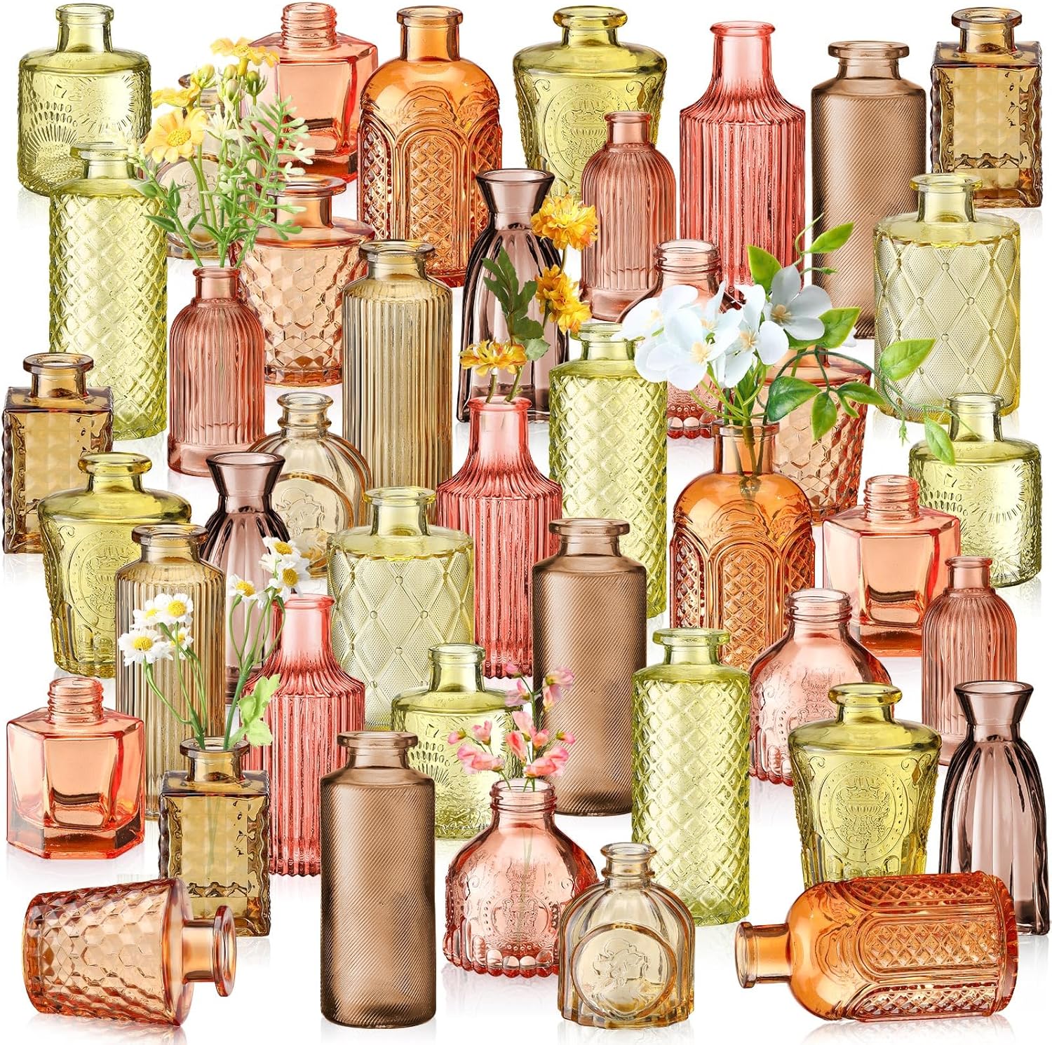 Yaomiao 60 Pcs Vases Bulk Colored Flower Glass Vases Bud Vintage Colored Glass Bottles Colorful Rustic Embossed for Valentine's Day Home Wedding Table Decorations Gifts(Orange Yellow Series)