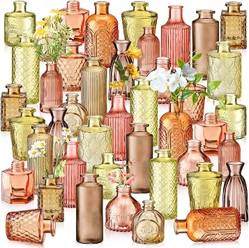 Yaomiao 60 Pcs Vases Bulk Colored Flower Glass Vases Bud Vintage Colored Glass Bottles Colorful Rustic Embossed for Valentines Day Home Wedding Table Decorations GiftsOrange Yellow Series