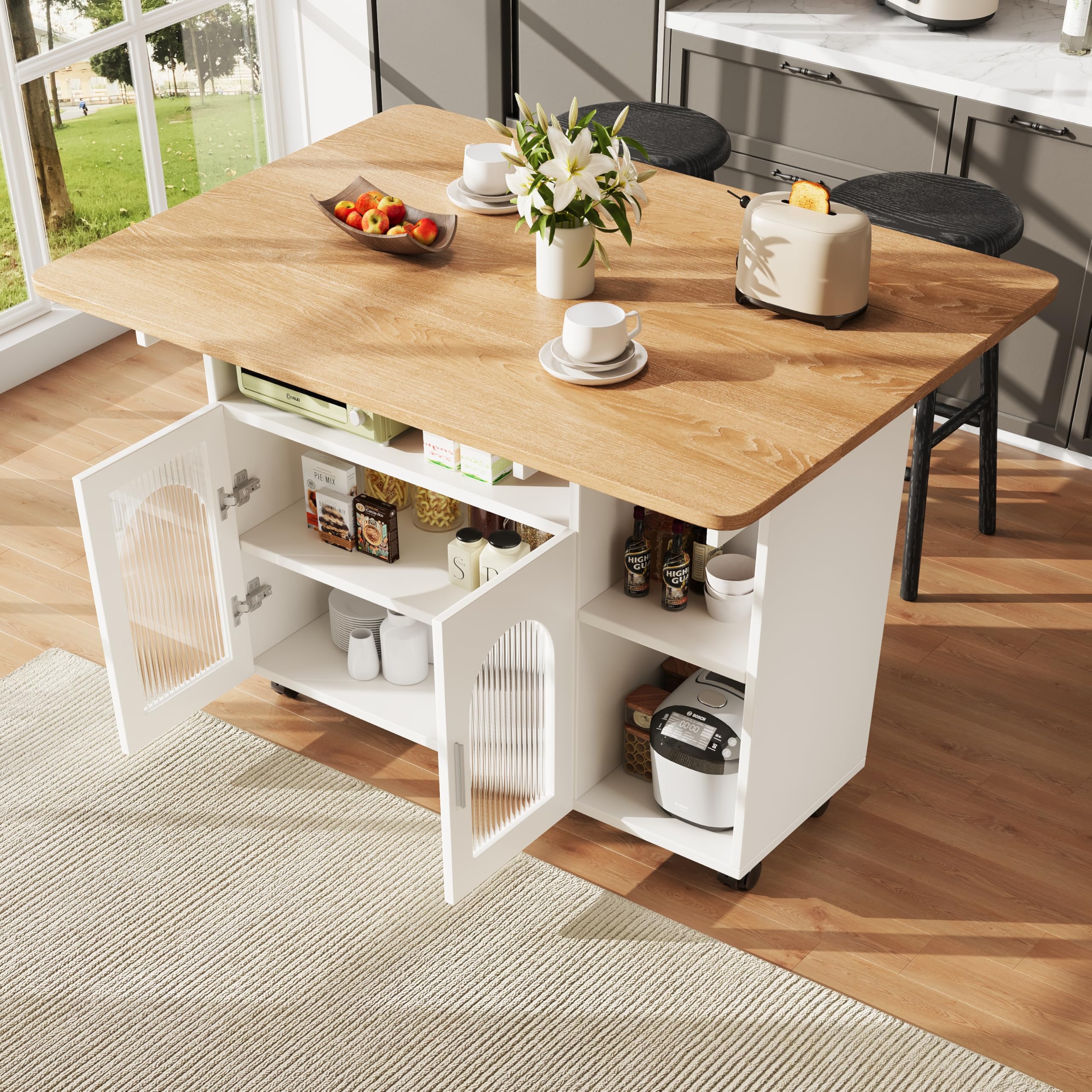 Coolfish Kitchen Island, Kitchen Cabinet, Removable Serving Trolley, Buffet Cabinet, Dining Trolley w/Wood Grain, Buffet Cabinet, Multifunctional Dining Table w/Storage Space White