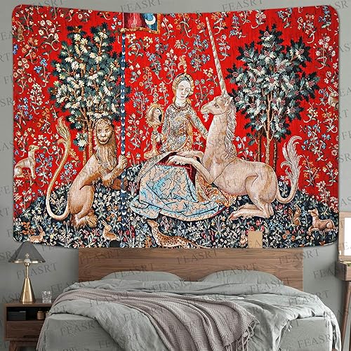 Miniatura 7 de FEASRT Tapiz medieval de princesa europeo, tapiz real de La doncella y el unicornio, 80 x 60 pulgadas, para dormitorio, sala de estar, dormitorio,