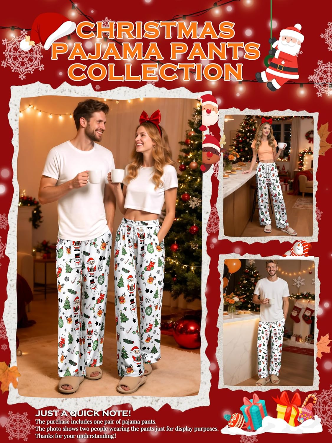 RMCMS Cute Christmas Snowman Reindeer Print Pajama Pants Sleep Lounge Pjs Bottoms with Pockets White Women Small (One Piece) - Image 4