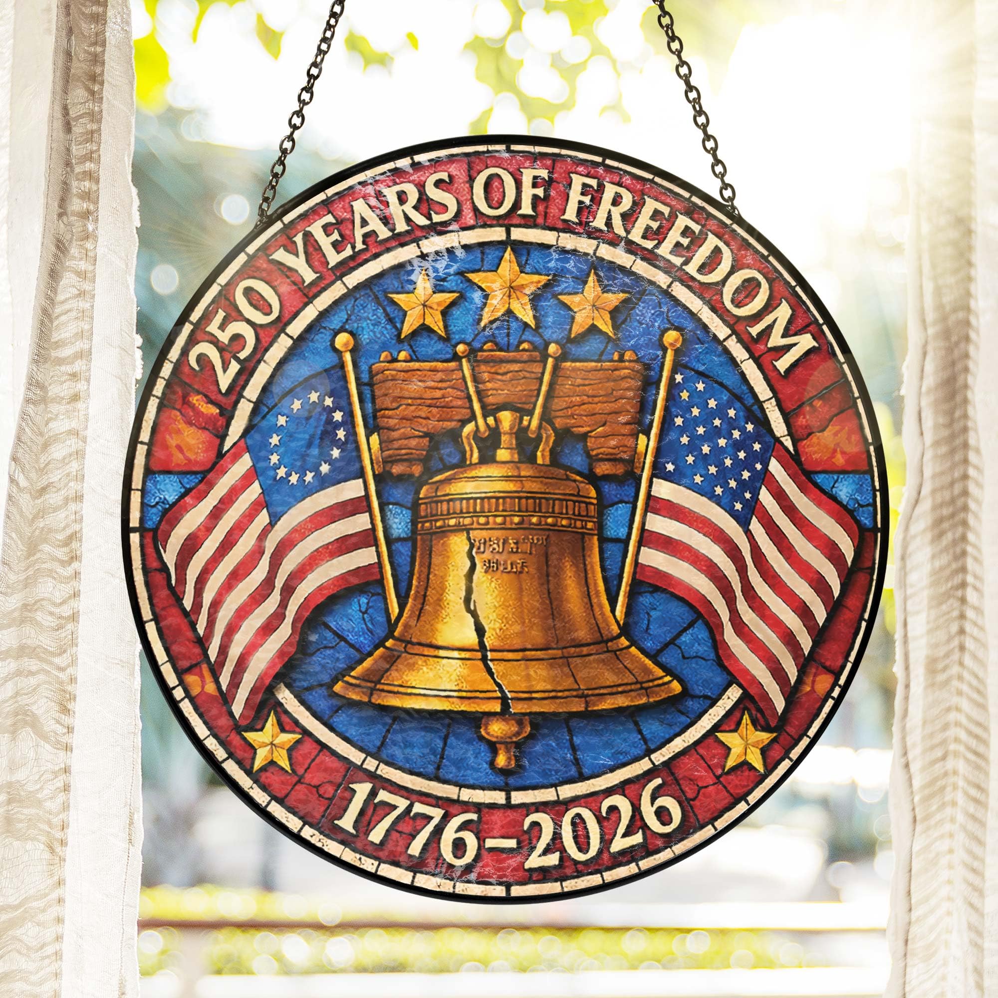 Stained Acrylic Suncatcher,7.48in 250 Years Freedom Liberty Bell Patriotic Window Hanging Decor