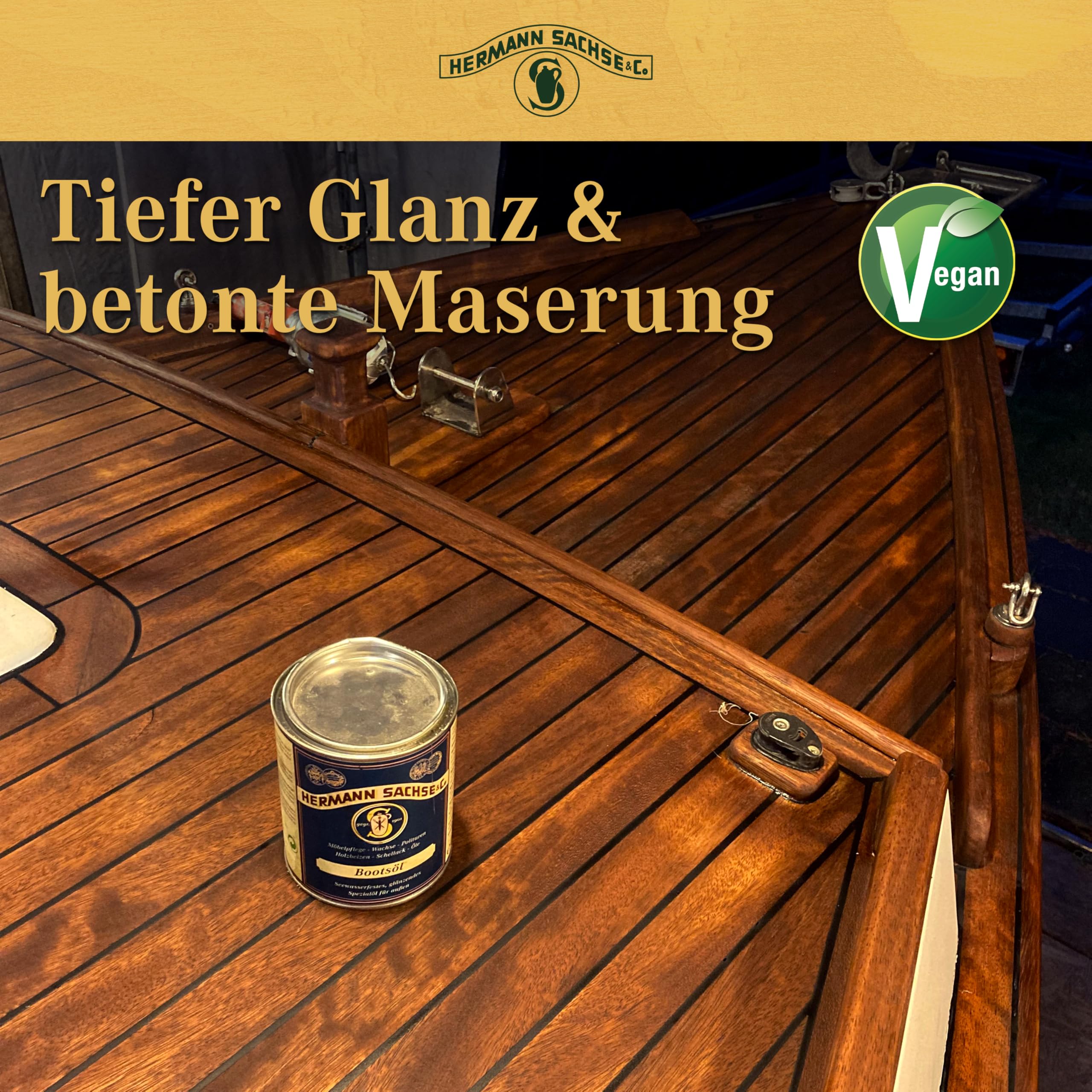 Hermann Sachse Yacht- und Bootsöl farblos - 750ml - Pflegeöl für Dein Boot - witterungsbeständiges, glänzendes Holzöl - Effektiver Holzschutz - Langanhaltendes Pflegeöl für Außen - Made in Germany