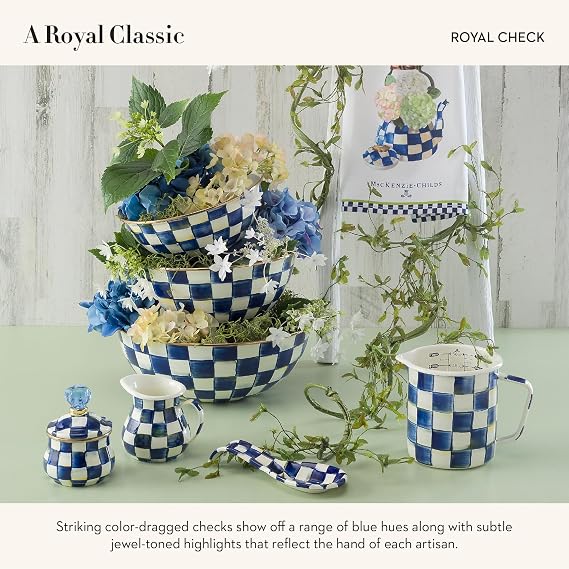 MACKENZIE-CHILDS Enamel Creamer and Sugar-Bowl Set, Cream Dispenser and Sugar Holder, Unique Kitchen Decor, Blue-and-White Royal Check