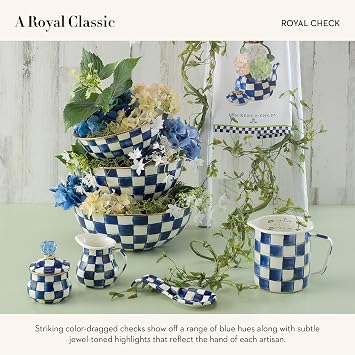 MACKENZIE-CHILDS Enamel Creamer and Sugar-Bowl Set, Cream Dispenser and Sugar Holder, Unique Kitchen Decor, Blue-and-White Royal Check