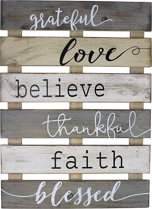 Amazon Com Vintage Rustic Wall Home Decor Sign For Kitchen Living Room Dining Room Bedroom Or Bathroom Grateful Love Believe Thankful Faith Blessed Wood Pallet Skid Barnwood Color Decorative Wall Plaque Everything