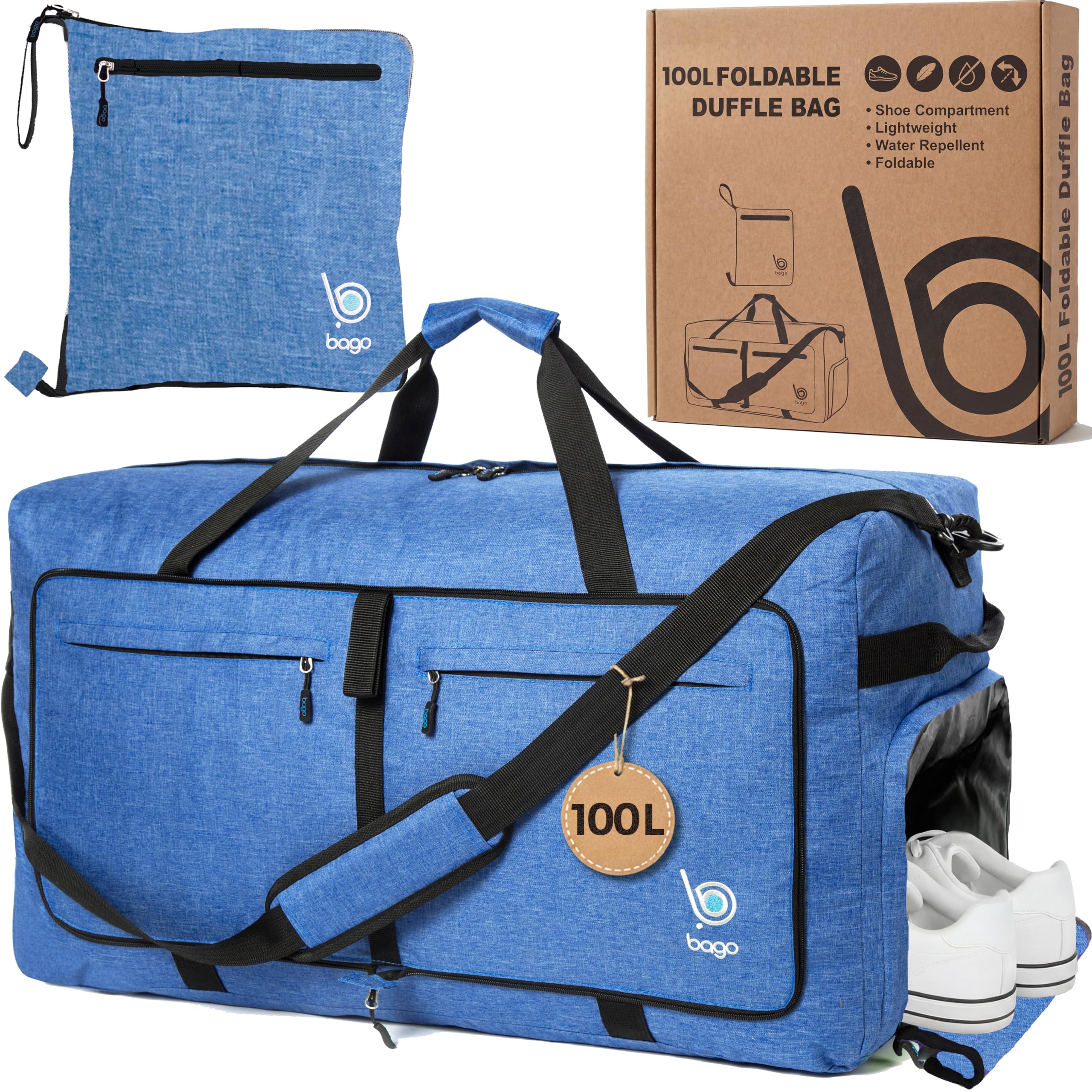 Bago Large Foldable Duffel Bags for Traveling Women & Men - 100L Packable Duffle Bag for Travel with Shoe Compartment - Water Repellant, Heavy Duty,