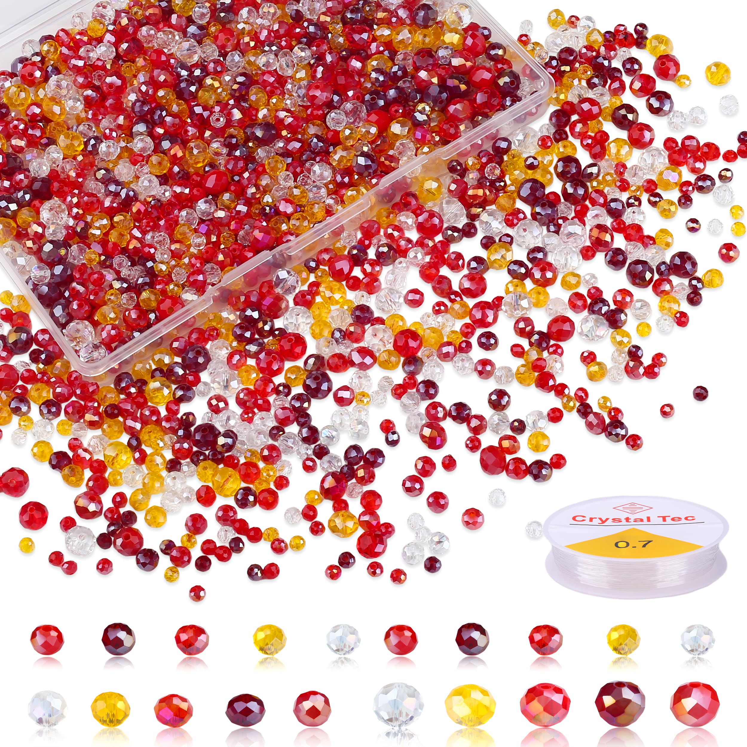 XIANNVXI 1100Pcs Faceted Red Glass Beads for Jewellery Making,4/6/8mm Mixed Loose Craft Red Beads with Elastic String&Storage Box,for DIY Bracelet Necklace Jewelry Making Suncatcher Kit