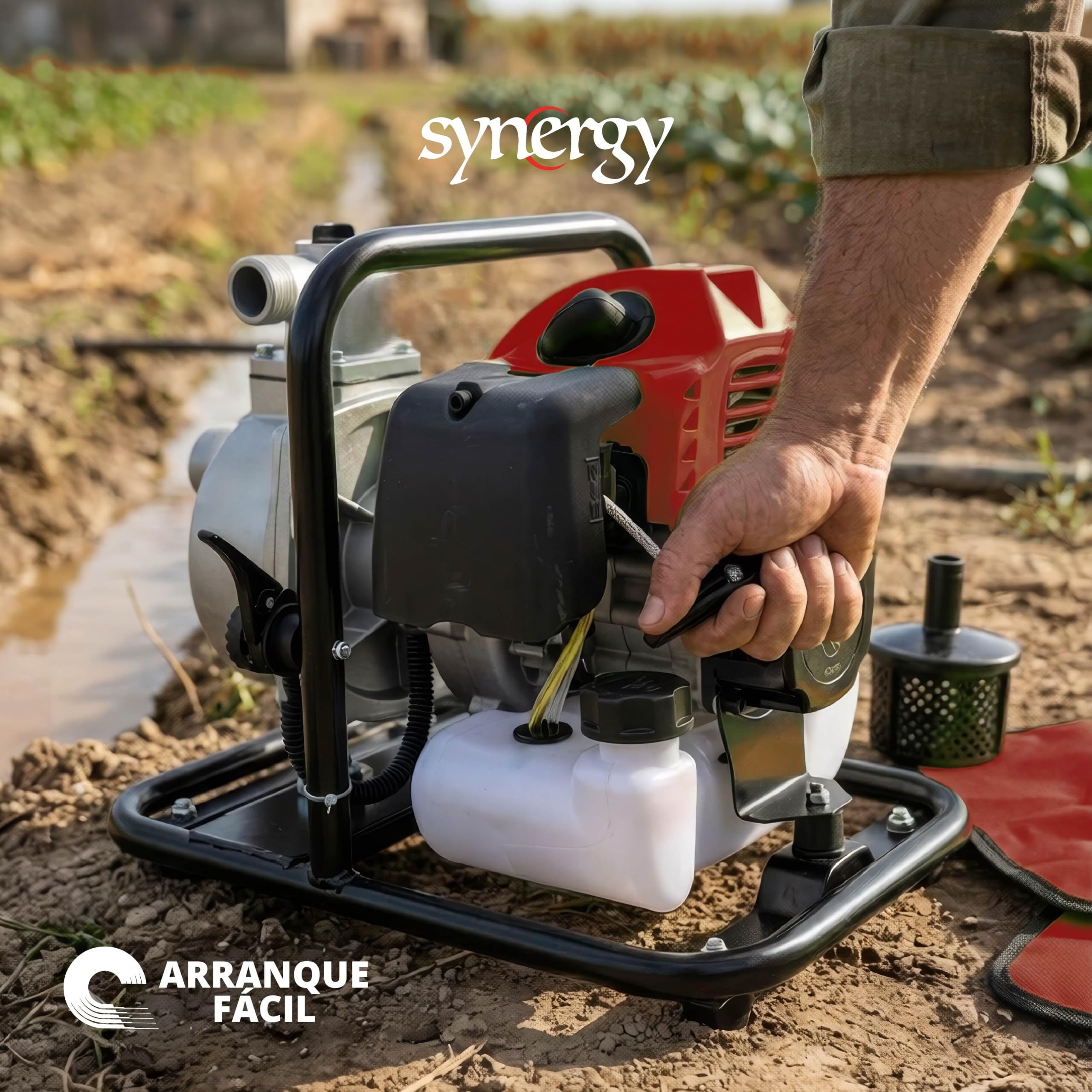Synergy Motobomba de Gasolina Profesional 2T – Motor 52cc 1,95CV – Caudal 7.000L/h, Altura 24m, Succión 7m, Paso 25mm – Ligera, Compacta y Resistente – Ideal para Riego y Drenaje