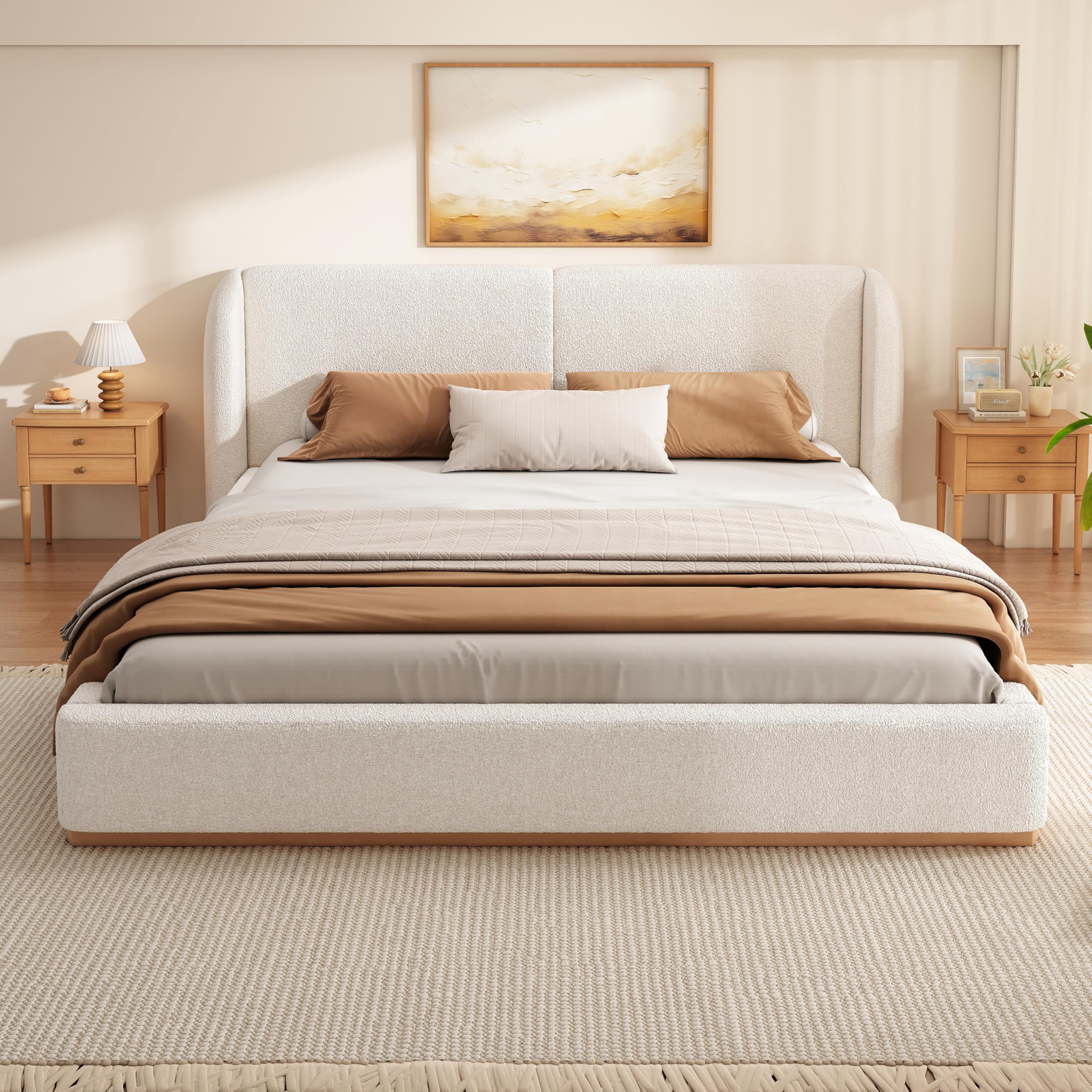 Photo 1 of Merax California King Bed Frame with Boucle Upholstered Wingback Headboard, Solid Wood Base, Contemporary Aesthetic Platform Bed, No Box Spring Needed, Bear 800lbs, White