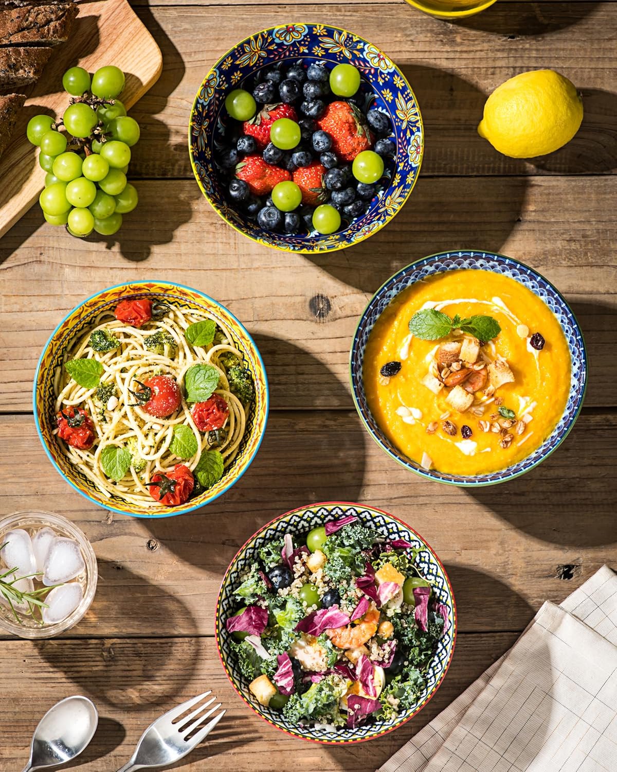 Ceramic Soup, Cereal Bowls Set of 4-25 Oz Colorful Serving Bowls for Kitchen - Porcelain Bowls for Cereal, Pasta, Salad, Dishwasher & Microwave Safe - Bohemian Style
