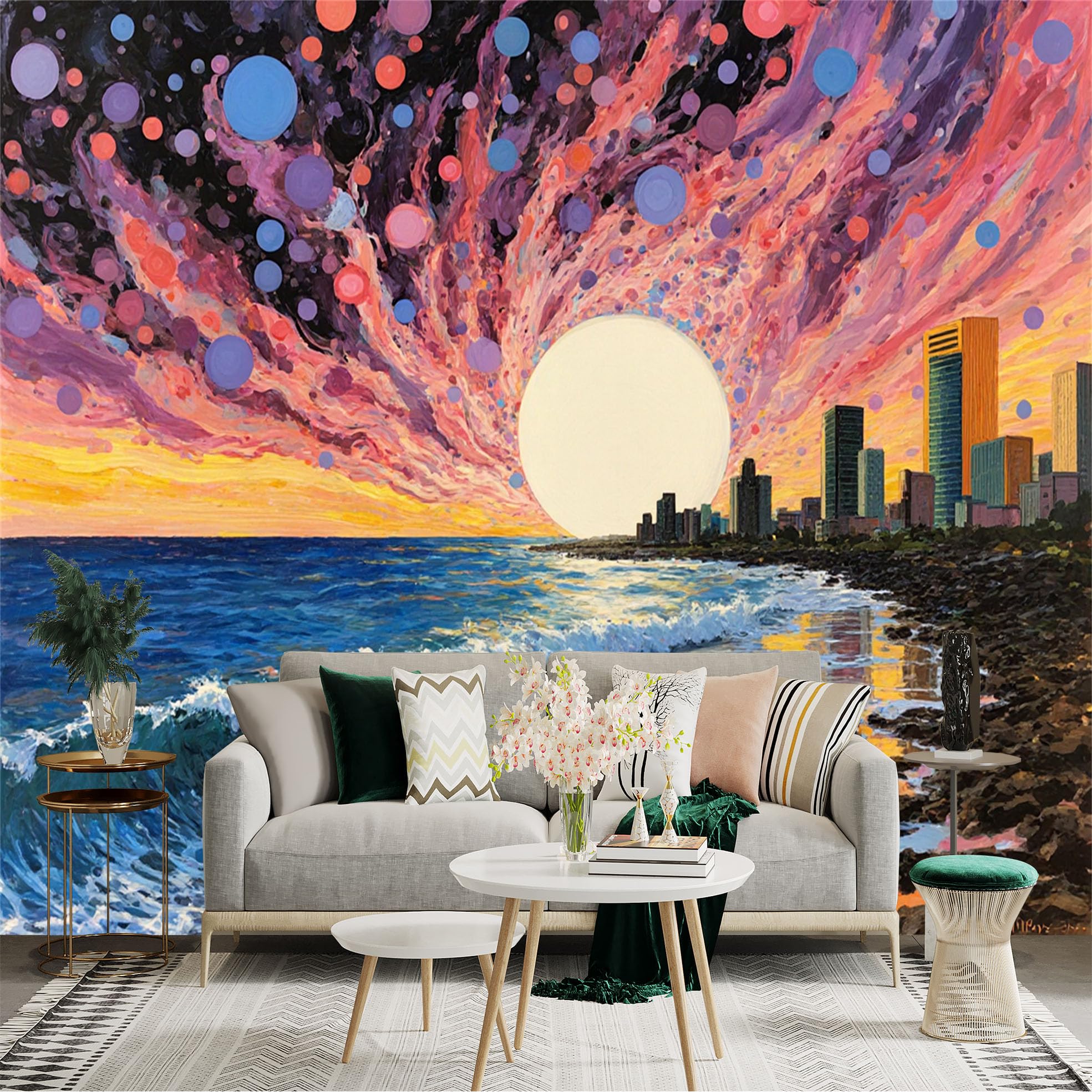 Custom Size Wall Sticker Mural， Surreal Sunset Ocean Waves with City Skyline and Colorful Sky， for wall Decoration， peelandstick wall Decals.