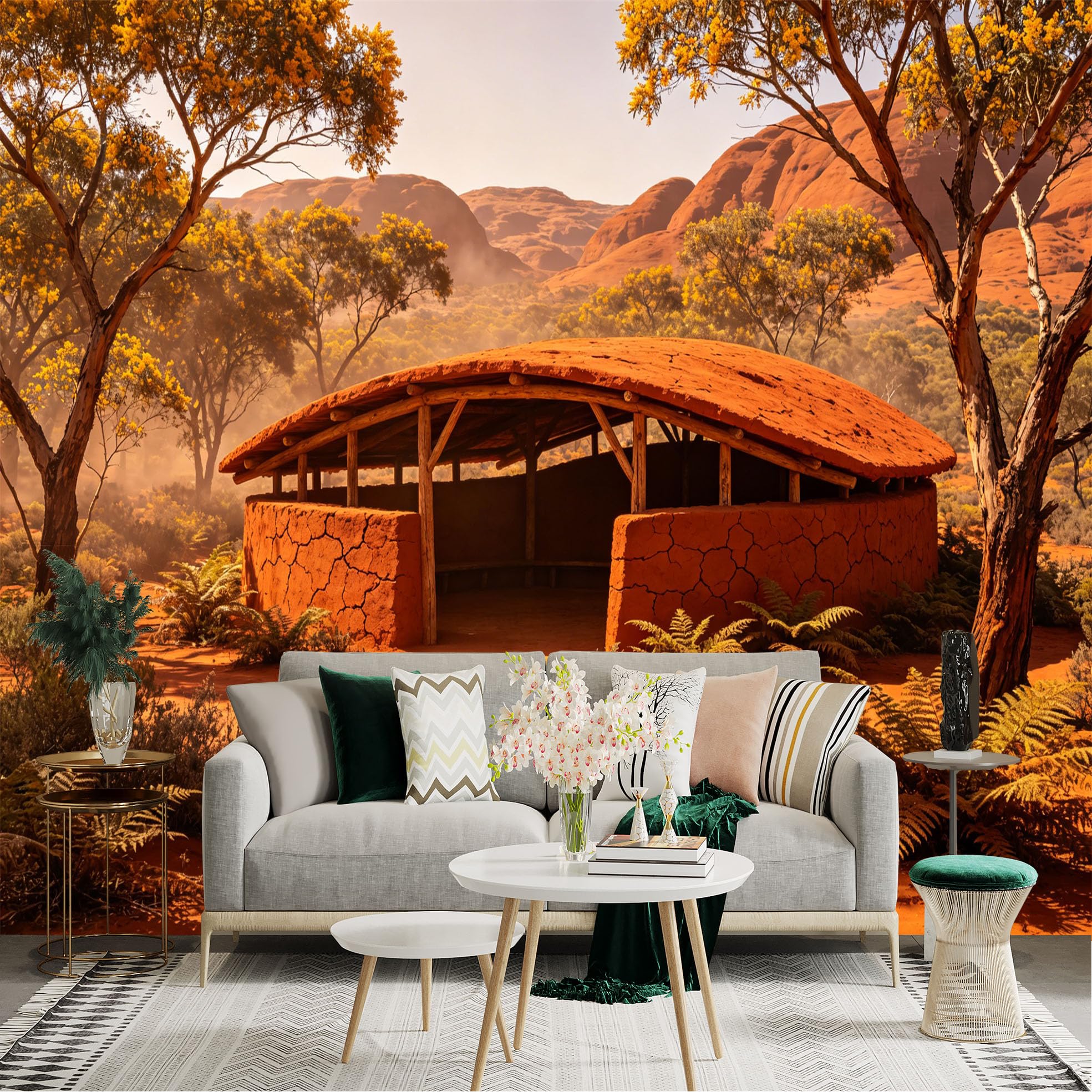 Custom Size Wall Sticker Mural， Desert Landscape with Clay Hut， Red Sand and Acacia Trees， for wall Decoration， peelandstick wall Decals.