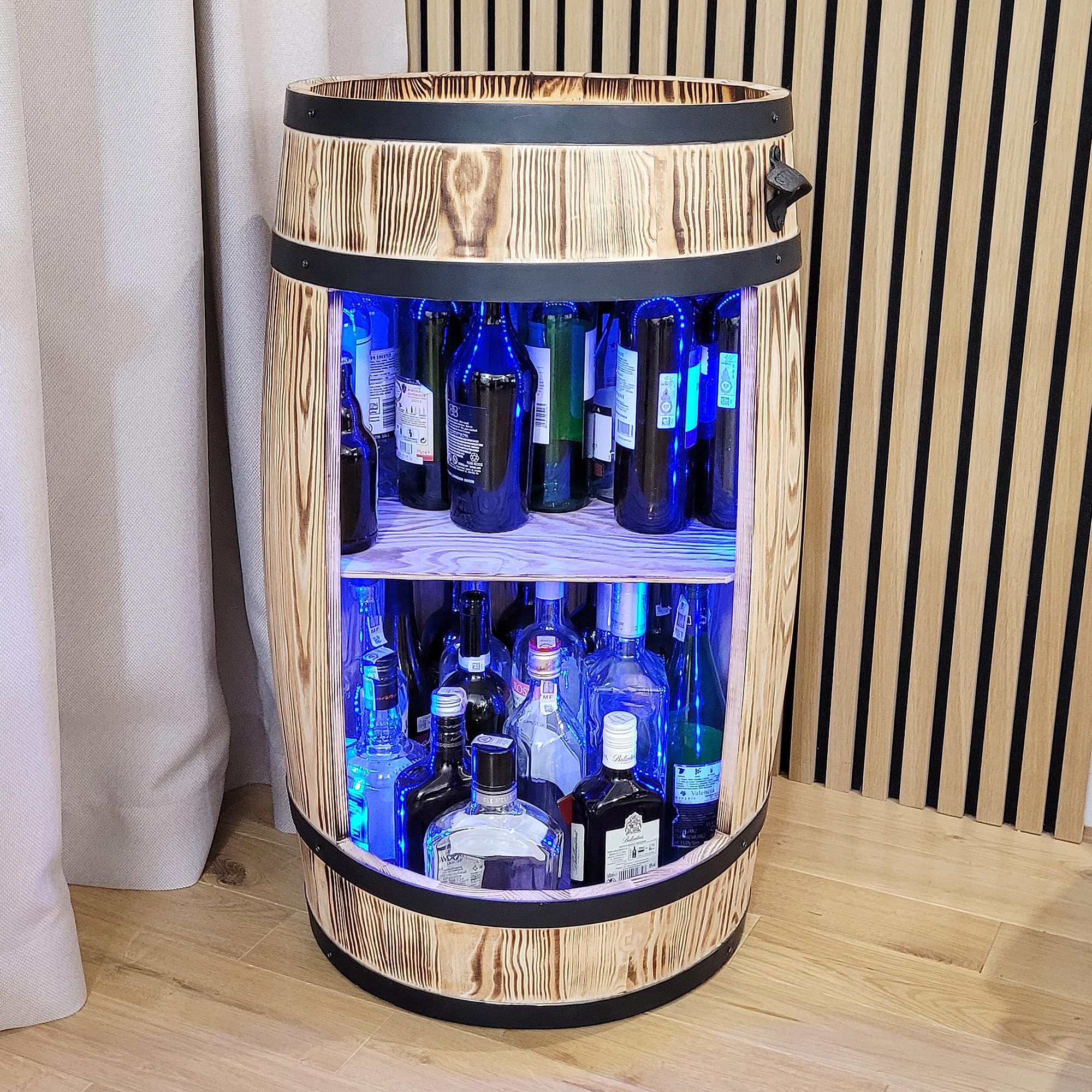 Weeco Armadietto per Vino a LED RGB - Scaffale in Legno - Bar Elegante - Supporto per Bottiglie - Mobile Barile in Legno - 80 x 50 cm