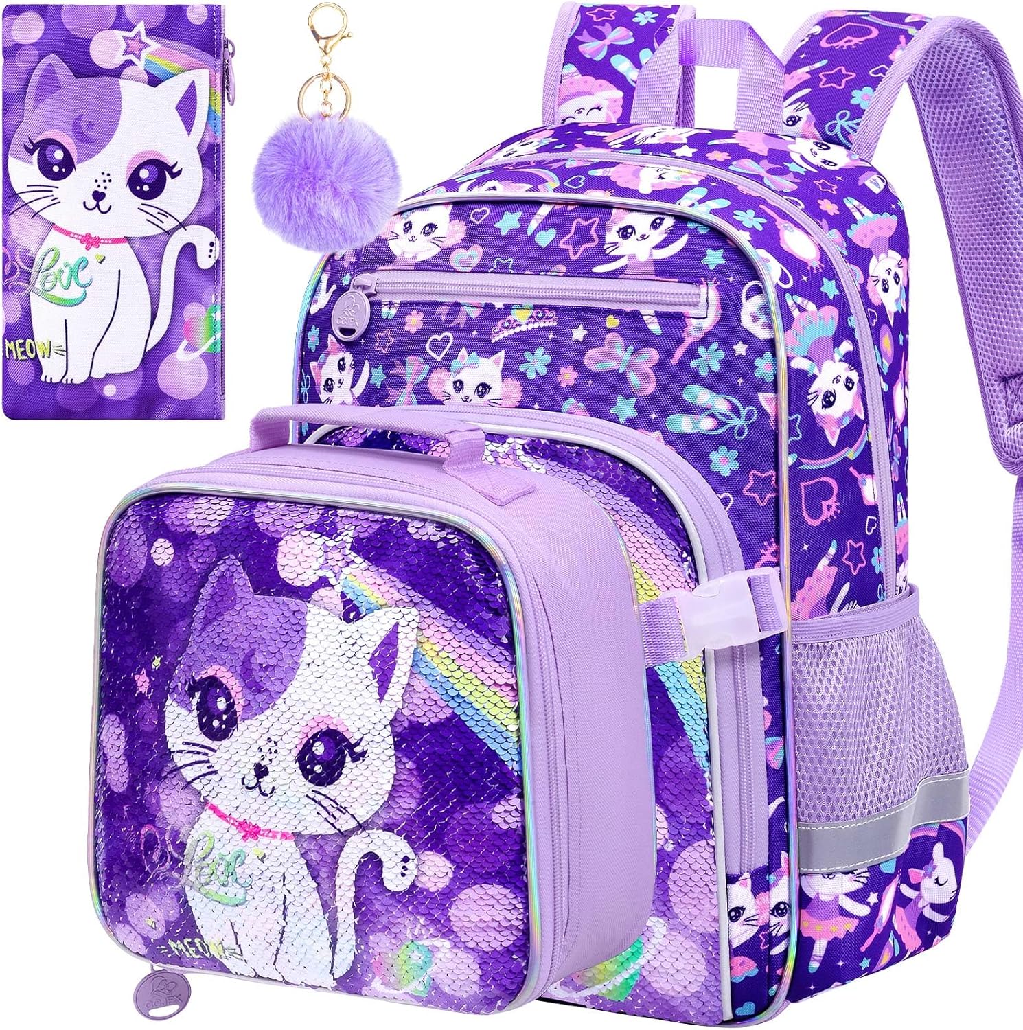 KLFVB 3PC Girls Bookbag, Kids Cat Backpack Set with Clip-On Lunch Bag, Water Resistant Preschool Sequin Backpacks for Elementary - Cute Cat Purple