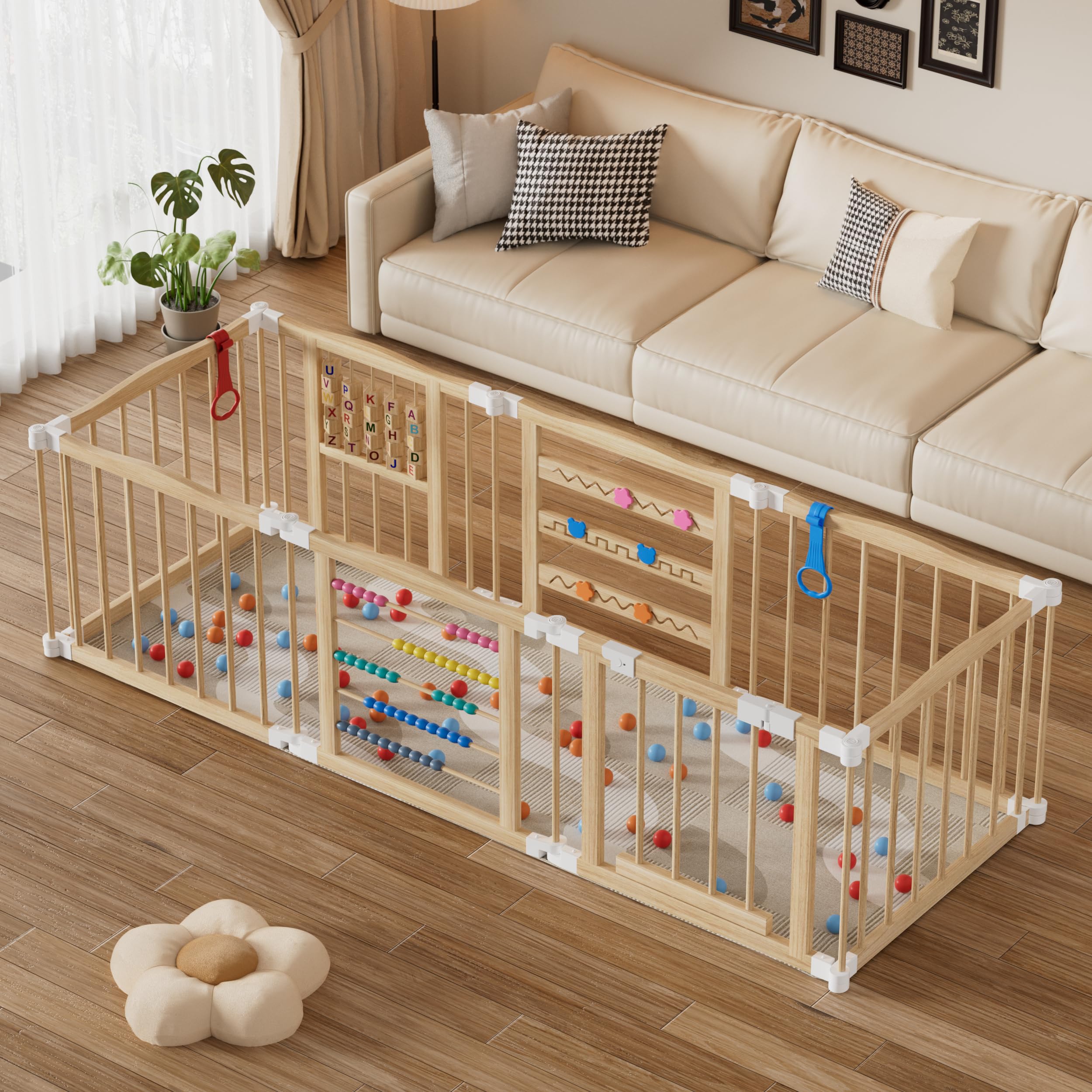 MSFE Parc Bebe Pliable Bois,8 éléments Playpen Baby avec Porte,Verrou de Sécurité et Jouets D'activités Montessori,Taille et Forme Réglables,Espace d'éveil Joyeux pour Bébés et Tout-petits
