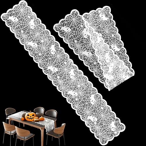 2 Pack Halloween Table Runner,13x72 Inch White Lace Spider Web