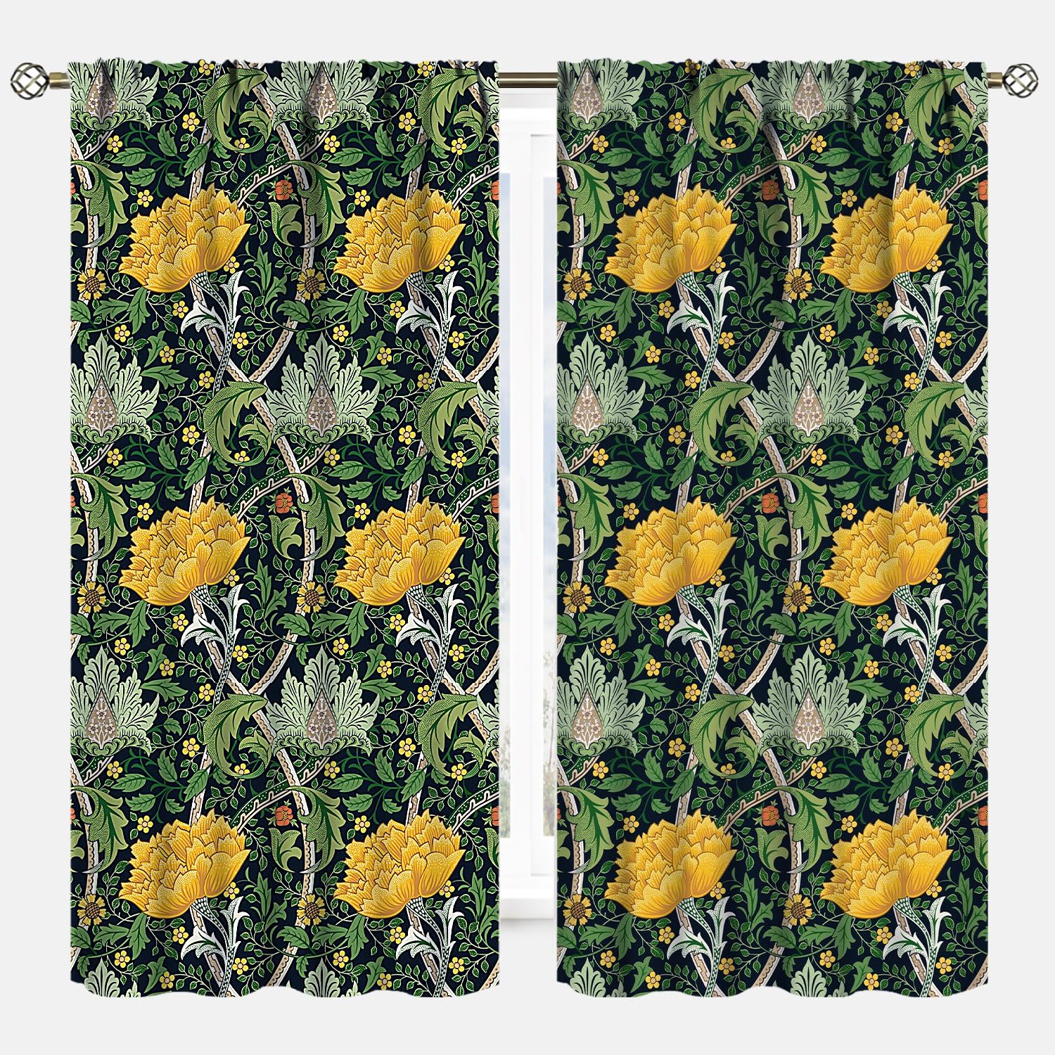 YCness Retro William Morris Curtains, Floral Flowers Print Window Drapes for Woman Living Room Bedroom Decoration Thermal Insulated Curtains for Home,