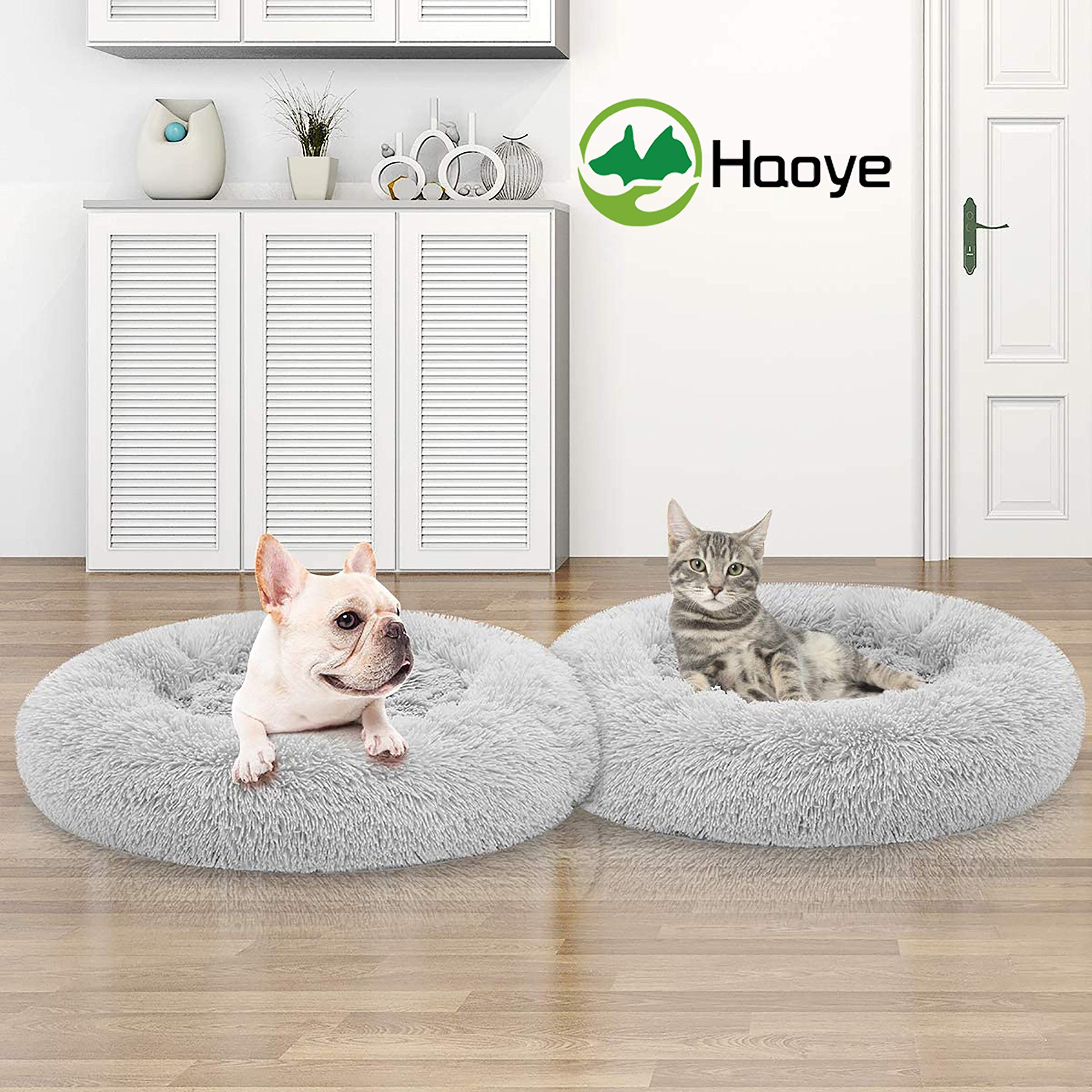 Haustierbett für Katzen und Hunde Rundes Plüsch Hundebett Katzenbett in Doughnut-Form, hundebetten für mittlere Hunde hellgrau, weich waschbar für Mittelgroße Hunde Katzen - Ø 80cm
