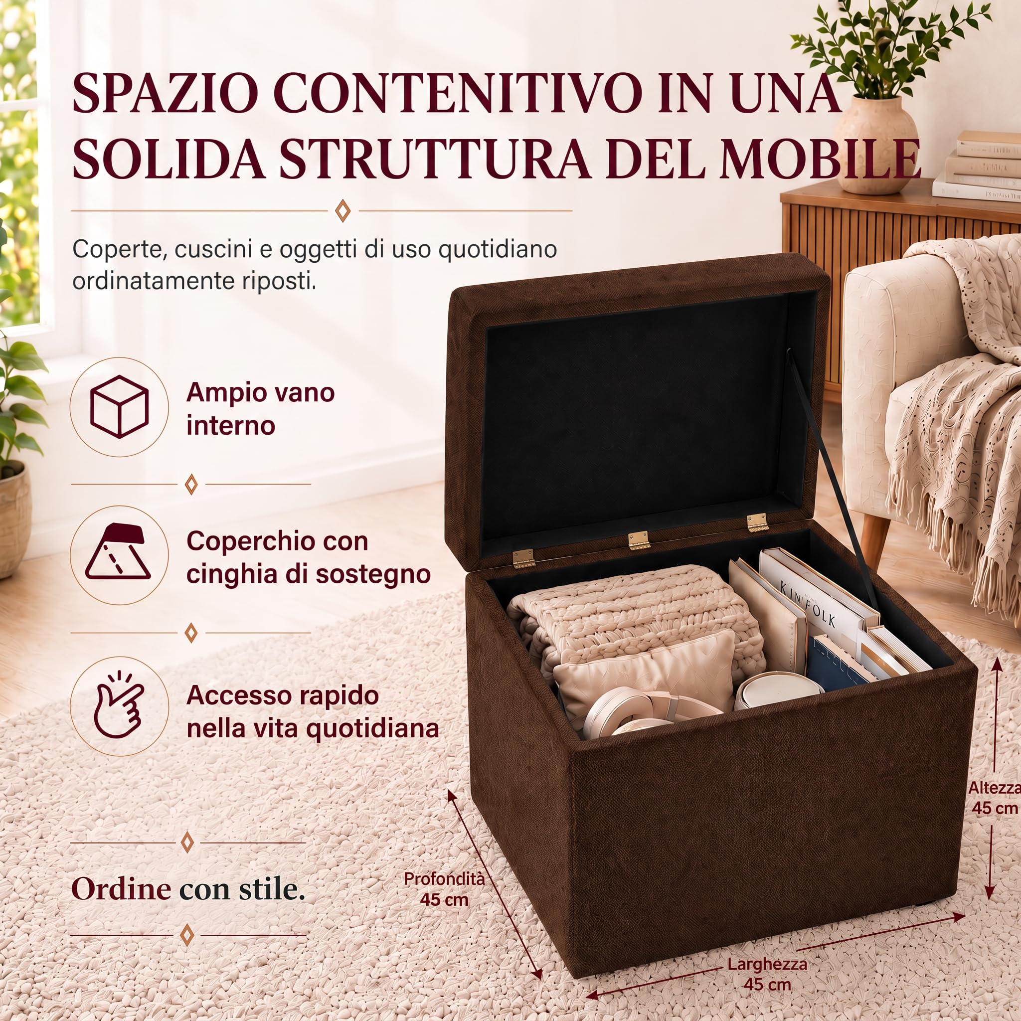 VELORA H&L Pouf Contenitore 45 x 45 cm Marrone scuro – Pouf Imbottito in Tessuto con Vano Portaoggetti, Portata fino a 150 kg, per Soggiorno, Camera da Letto e Ingresso