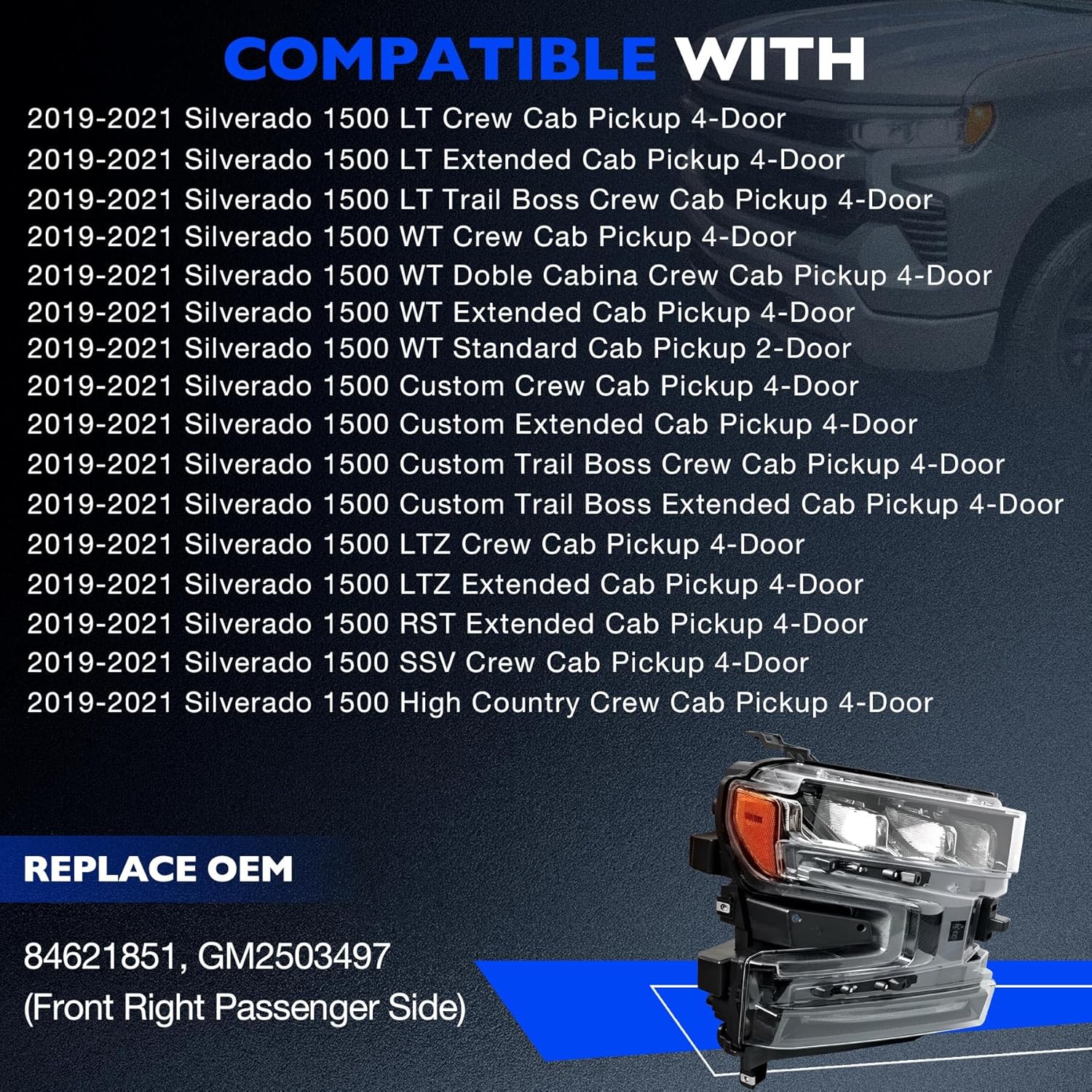 LED Headlight for Chevy Silverado 1500 LT WT 2019 2020 2021, Replace 84621851 GM2503497, Turn Signal Front Right Passenger Side, Head Light Assembly W/Bulbs