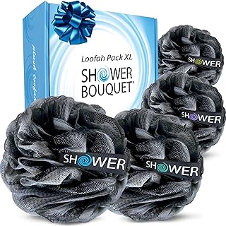 Loofah Charcoal Bath Sponge XL 75g Set by Shower Bouquet: 4 Pack, Extra Large Mesh Pouf Soft Scrubber for Men and Women - ... Price In India