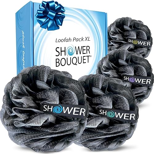 Miniatura 12 de SHOWER BOUQUET Esponja de baño de carbón de luffa XL, paquete de 4 unidades, azul-verde/ Extra grande 75g (2.65 oz) de malla suave color y negro