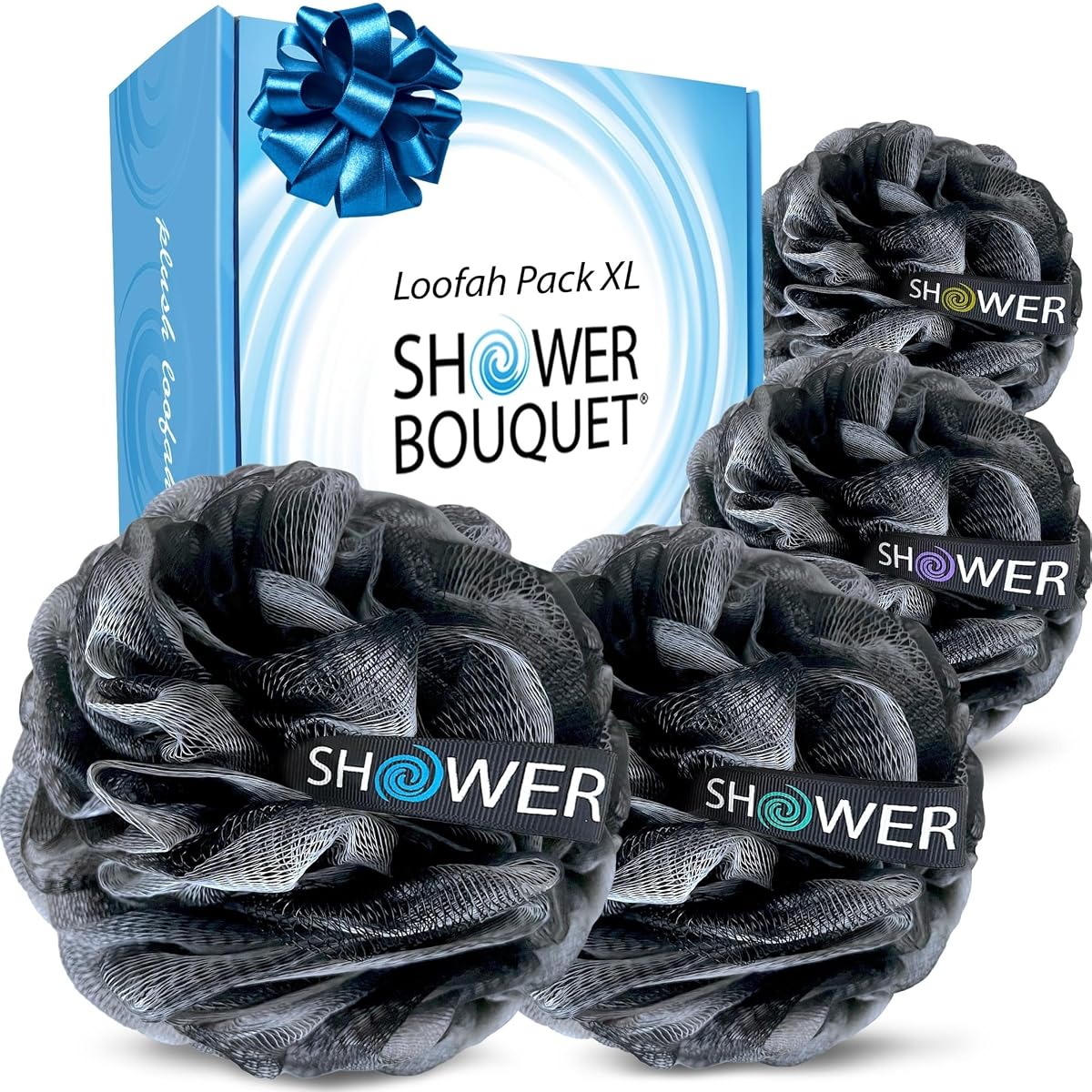 Loofah Charcoal Bath Sponge XL 75g Set by Shower Bouquet: 4 Pack, Extra Large