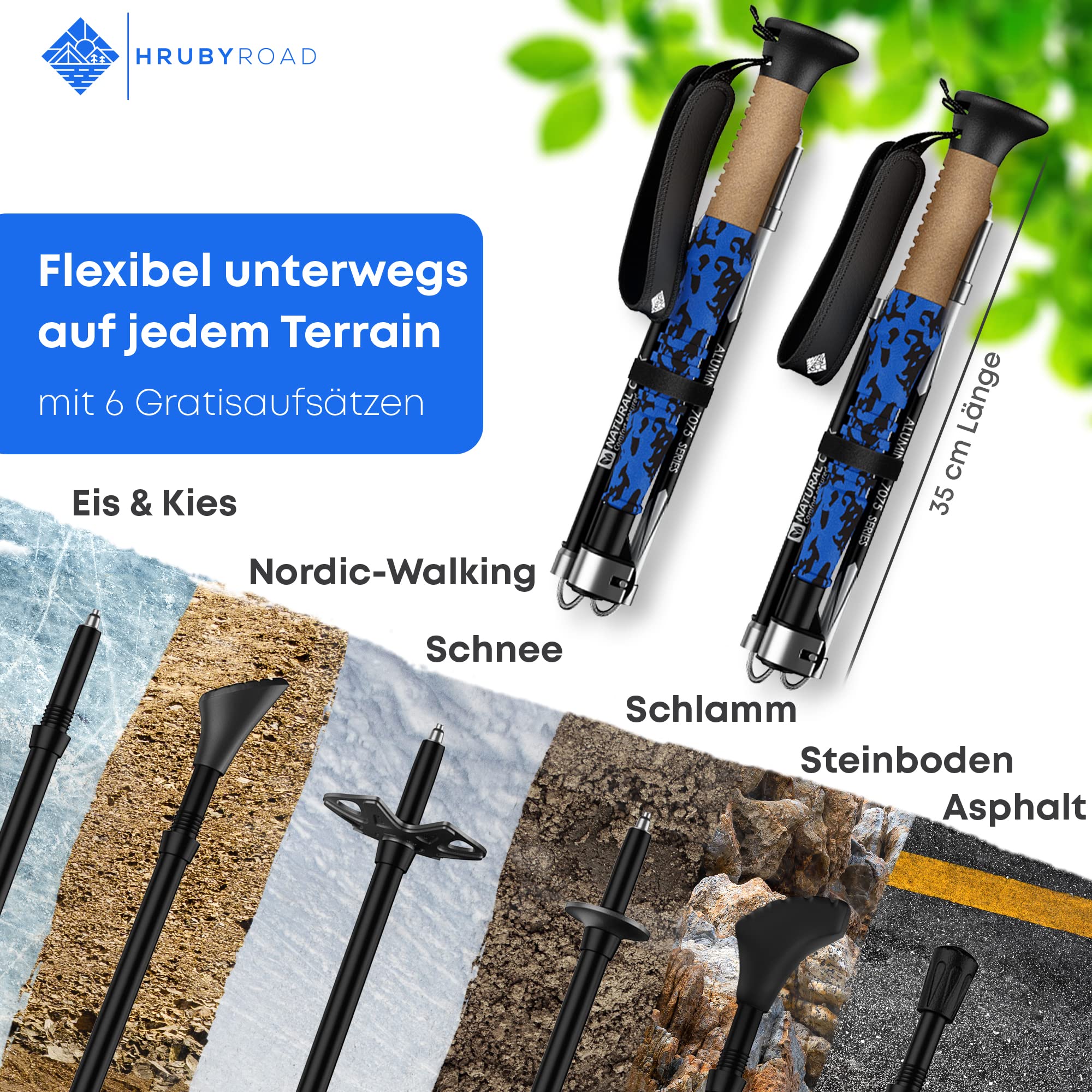 HrubyRoad® Wanderstöcke Teleskop Faltbar | Nordic Walking Stöcke Damen und Herren | Ultrastabile Trekkingstöcke [mit 6 Aufsätzen] | Echt Kork Griff