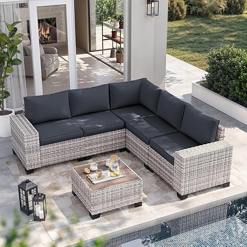6-Piece Outdoor Patio Furniture Set Wicker Sectional Sofa Set, Patio Conversation Set with Thickened Cushions & Coffee Table for Garden, Backyard, Poolside, Dark Grey
