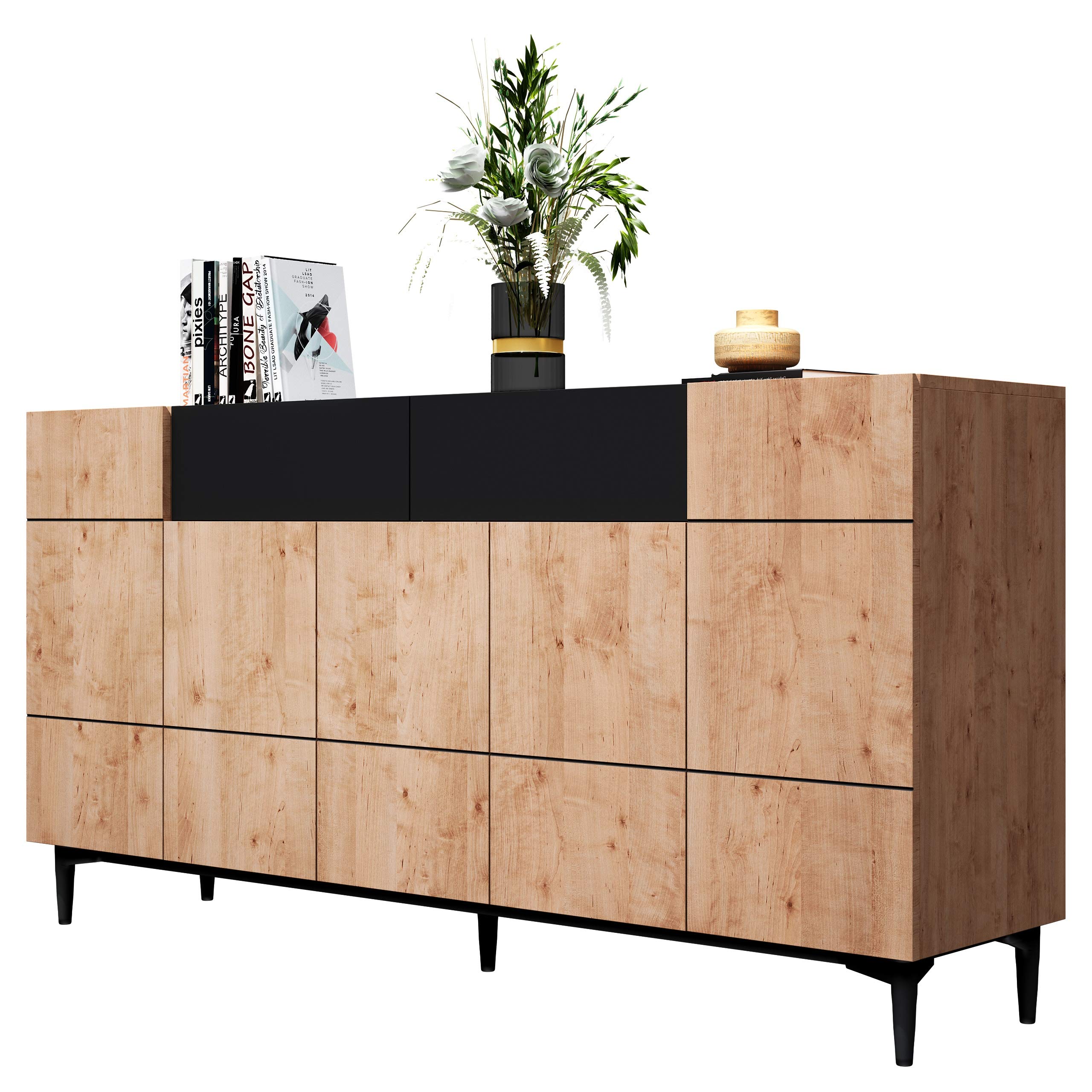 Newfurn Sideboard Wildeiche Schwarz grifflos Kommode Wohnzimmer | zweifarbige Holzoptik, konische Metallbeine, Klappen und Türen, Highboard Anrichte, für Flur und Esszimmer