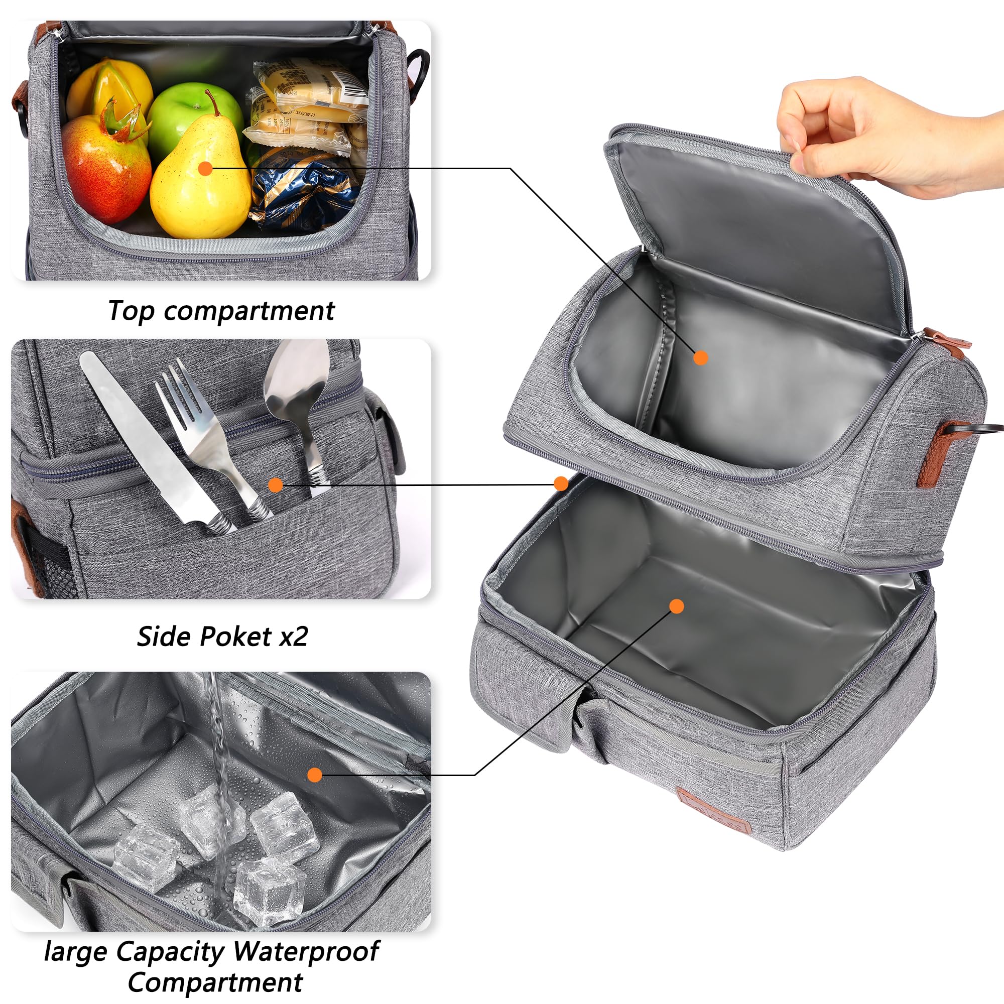 LOKASS Sac à Lunch Sac Repas Isotherme À deux étages Fourre-Tout Lunch Bag Portable Glaciere Grand ouvert Thermique Repas Préparation Sac pour Pique-Nique/Travail/École/Femmes/Homm/Extérieur,Gris