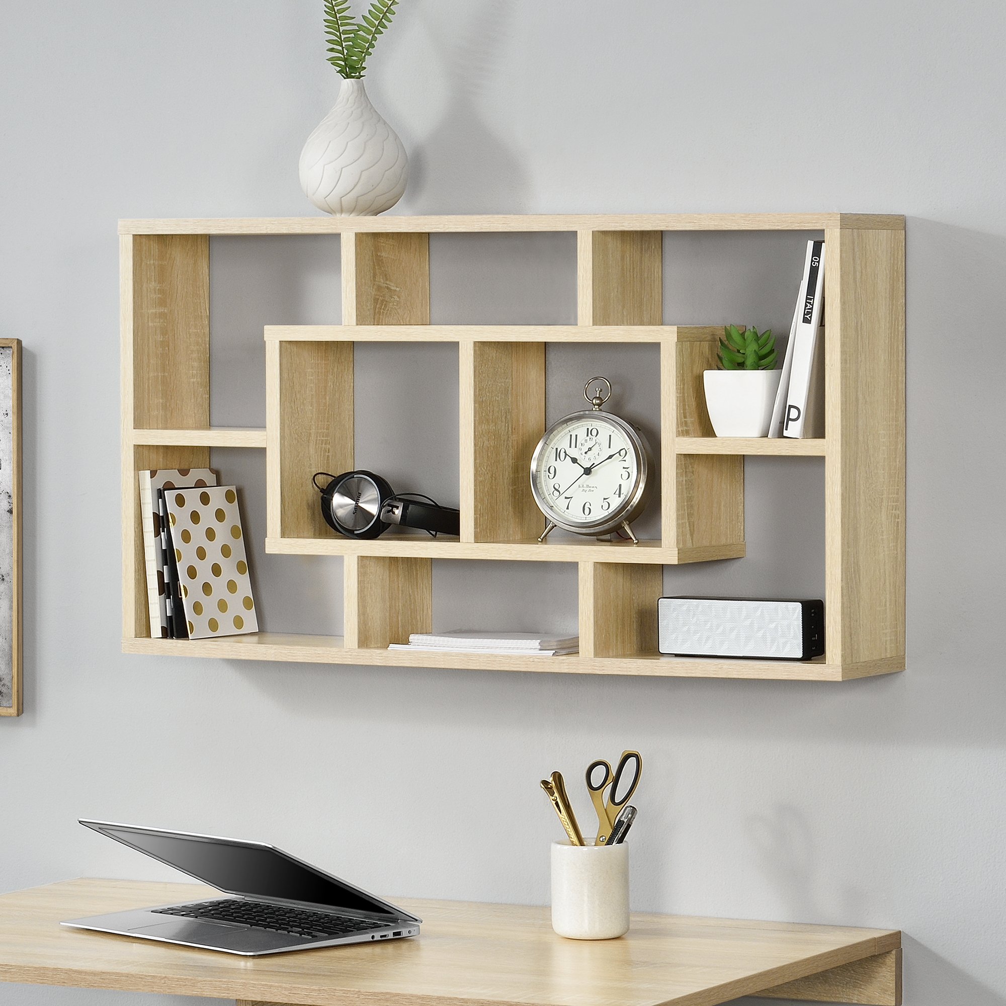 [en.casa] Scaffale da Parete con 8 Vani Portaoggetti Mobile Espositore con 8 Mensole a Muro Archiviazione 85 x 47,5 x 16 cm per Soggiorno Cucina Ingresso - Effetto Rovere Sonoma