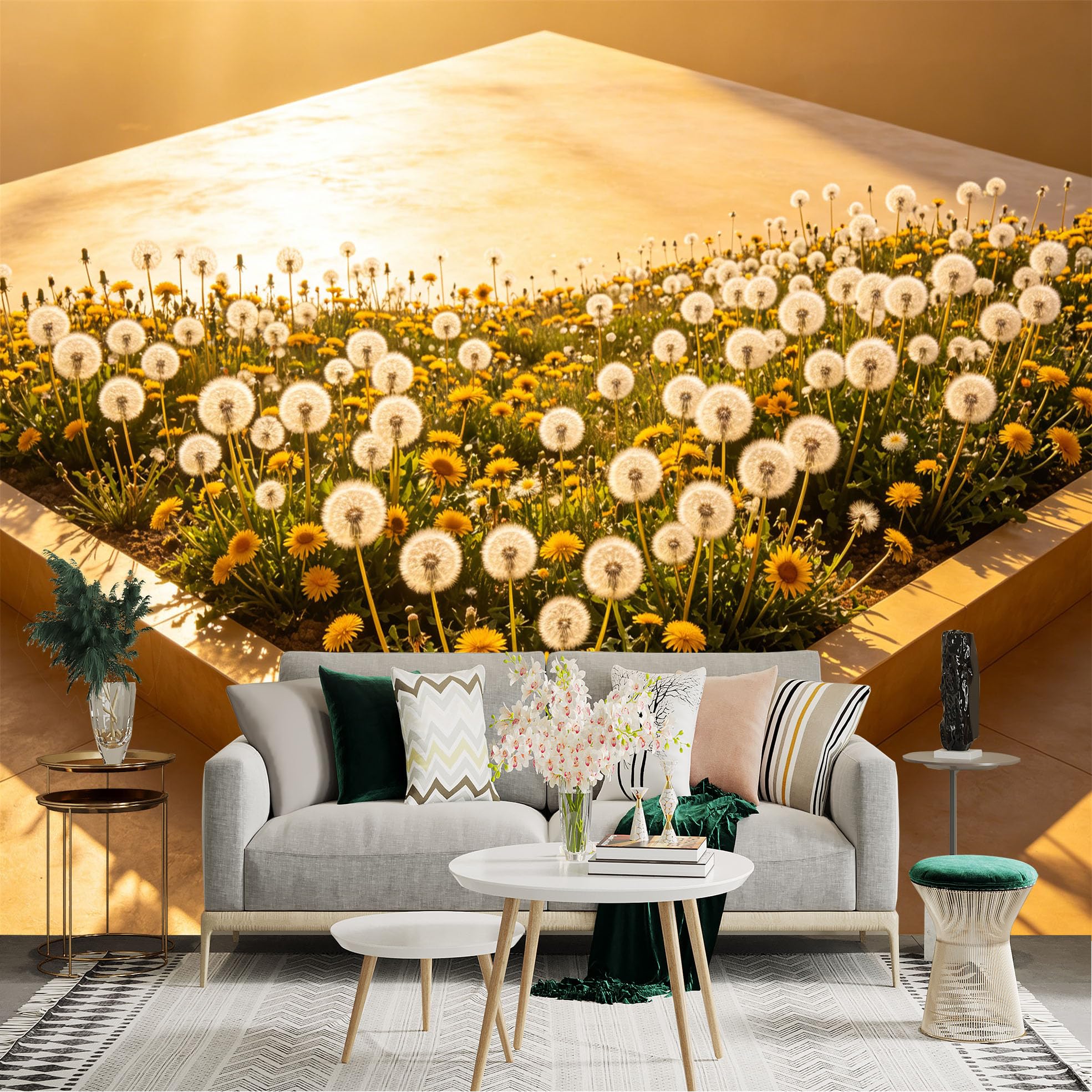 Lnzczhyre Dbh260521348 Custom Size Wall Sticker Mural， Sunlit Field Of Dandelions And Yellow Flowers， Golden Hour Nature Scenery， For Wall Decoration， Peelandstick Wall Decals.