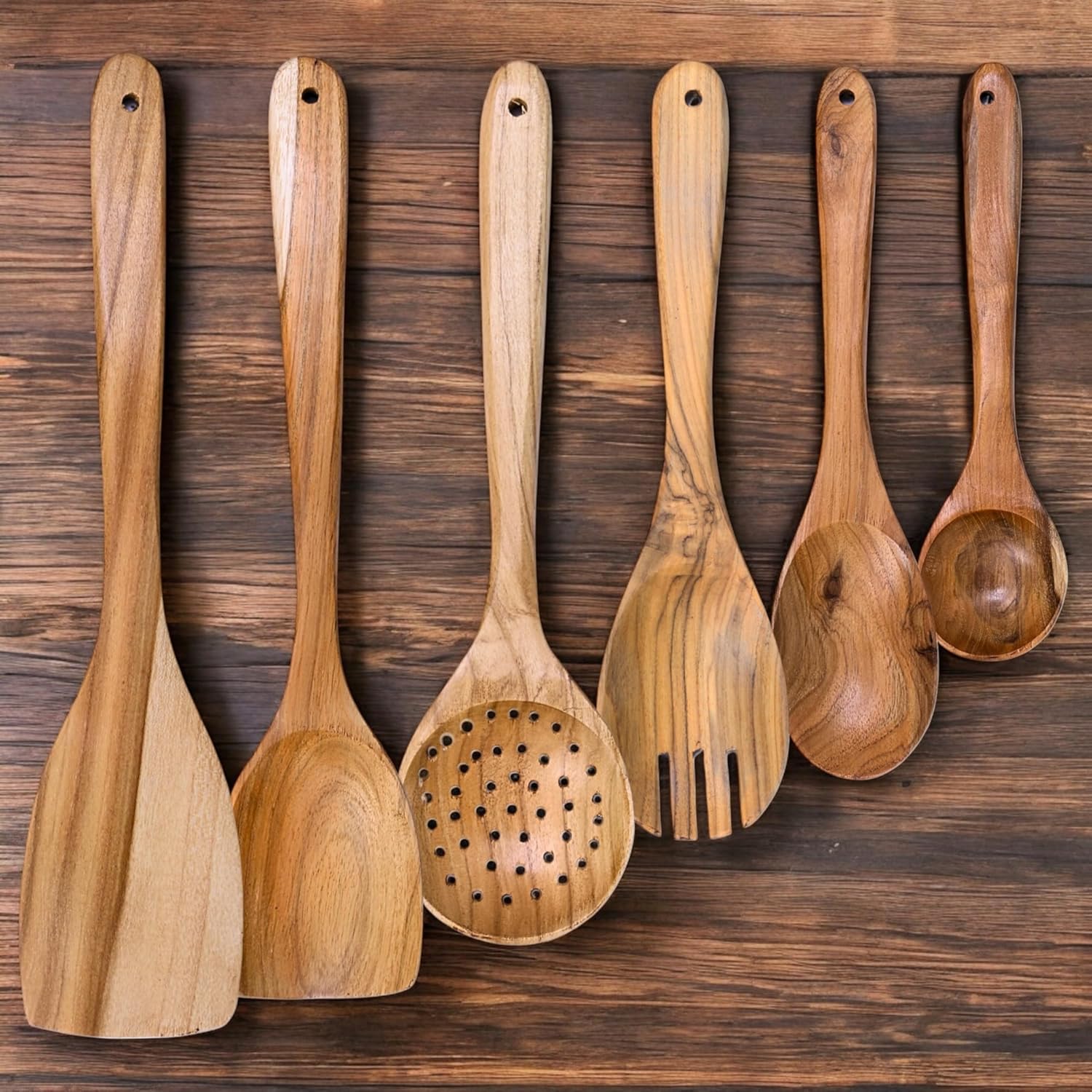 Premium Teak Wood Kitchen Utensil Set – 6-Piece Non-Stick Cooking Tools | Heat-Resistant, Natural, Durable & Scratch-Free,Non-Toxic & Natural