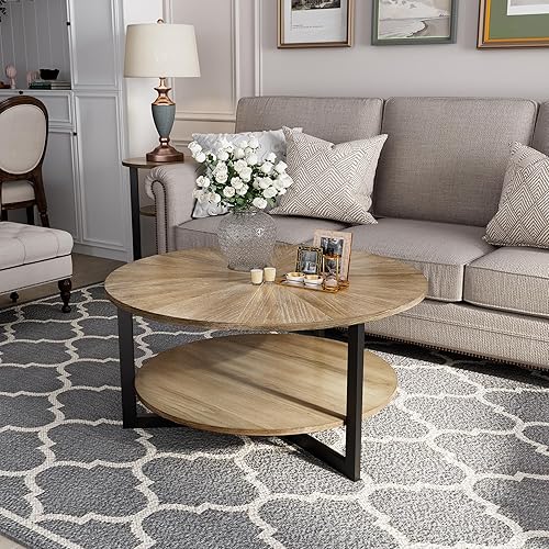 Miniatura 3 de LEEMTORIG KFZ-1338 - Mesa de centro redonda redonda para sala de estar, mesa de centro redonda de madera maciza de granja con almacenamiento, mesa