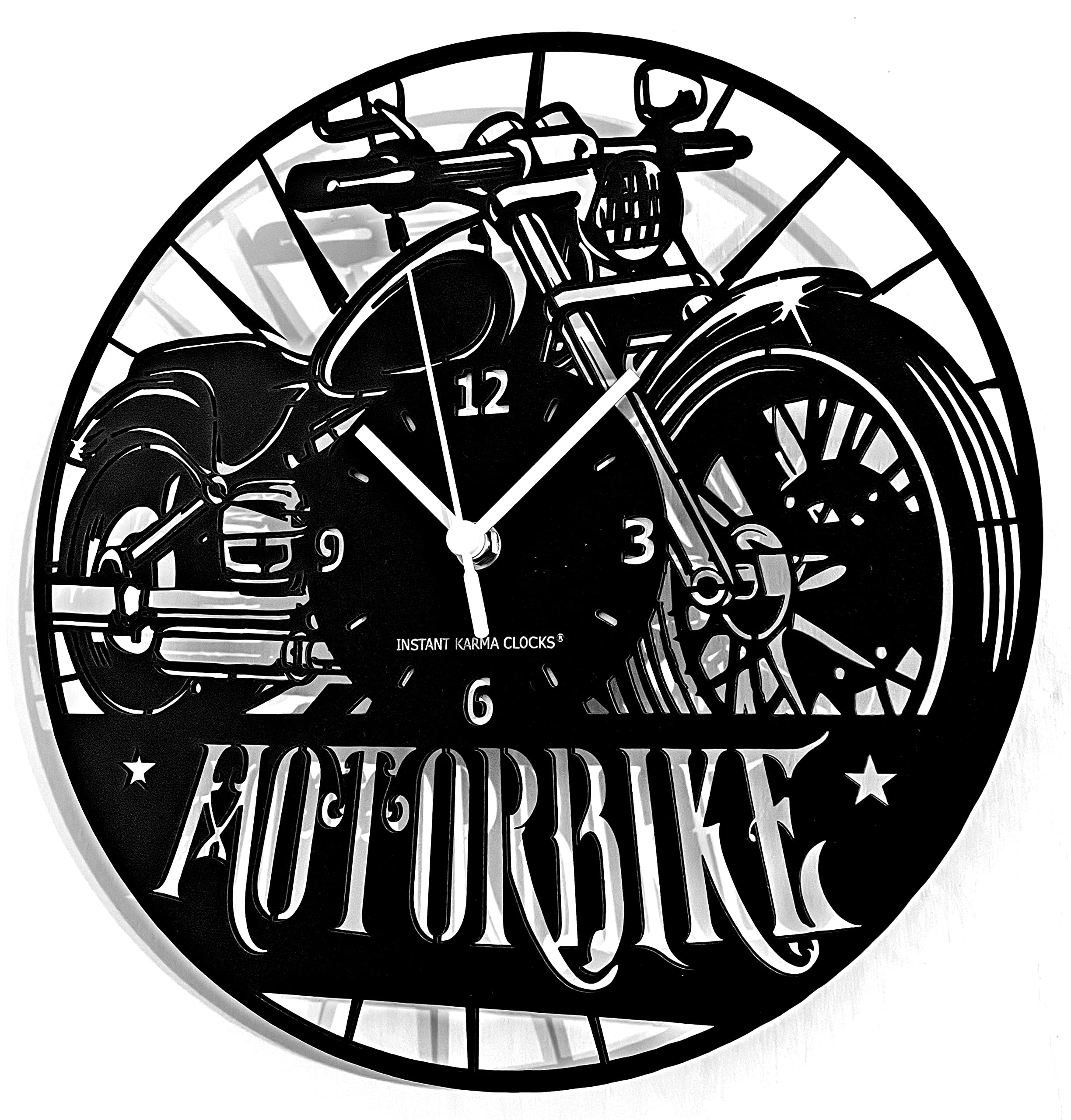 – Instant Karma Clocks Wall Clock ➤ Motorcycle Motorbike Road Rider Classic Garage Retro Design, HDF Wood, Black, Ø12inch