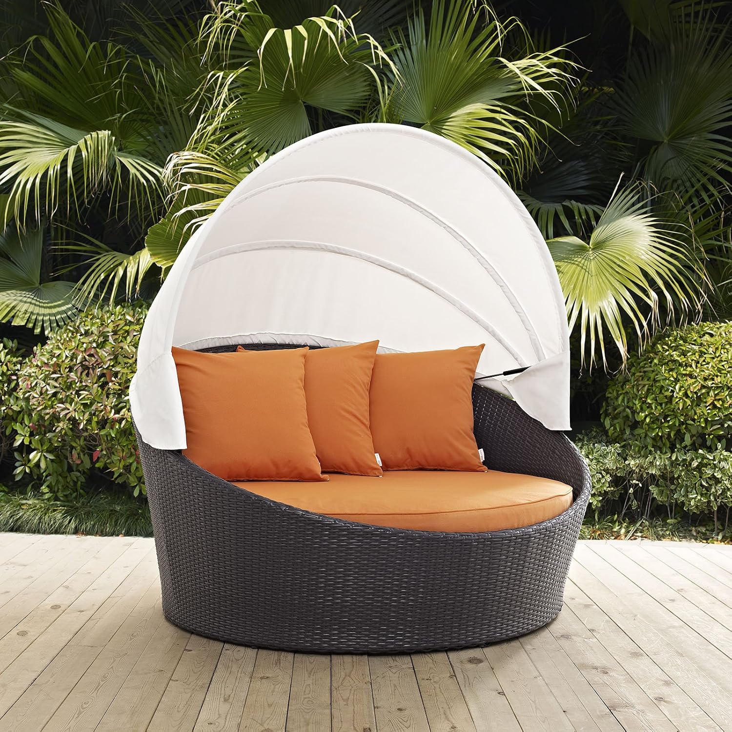 Modway Convene Wicker Rattan Outdoor Patio Retractable Canopy Round Poolside Sofa Daybed in Espresso Orange