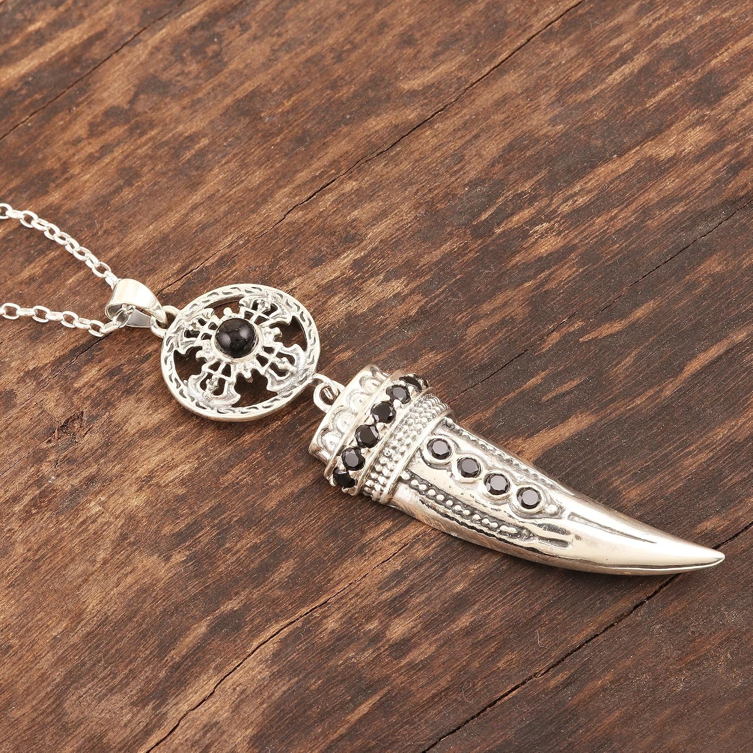 NOVICA Onyx .925 Sterling Silver Men's Pendant Necklace 'Tusk'