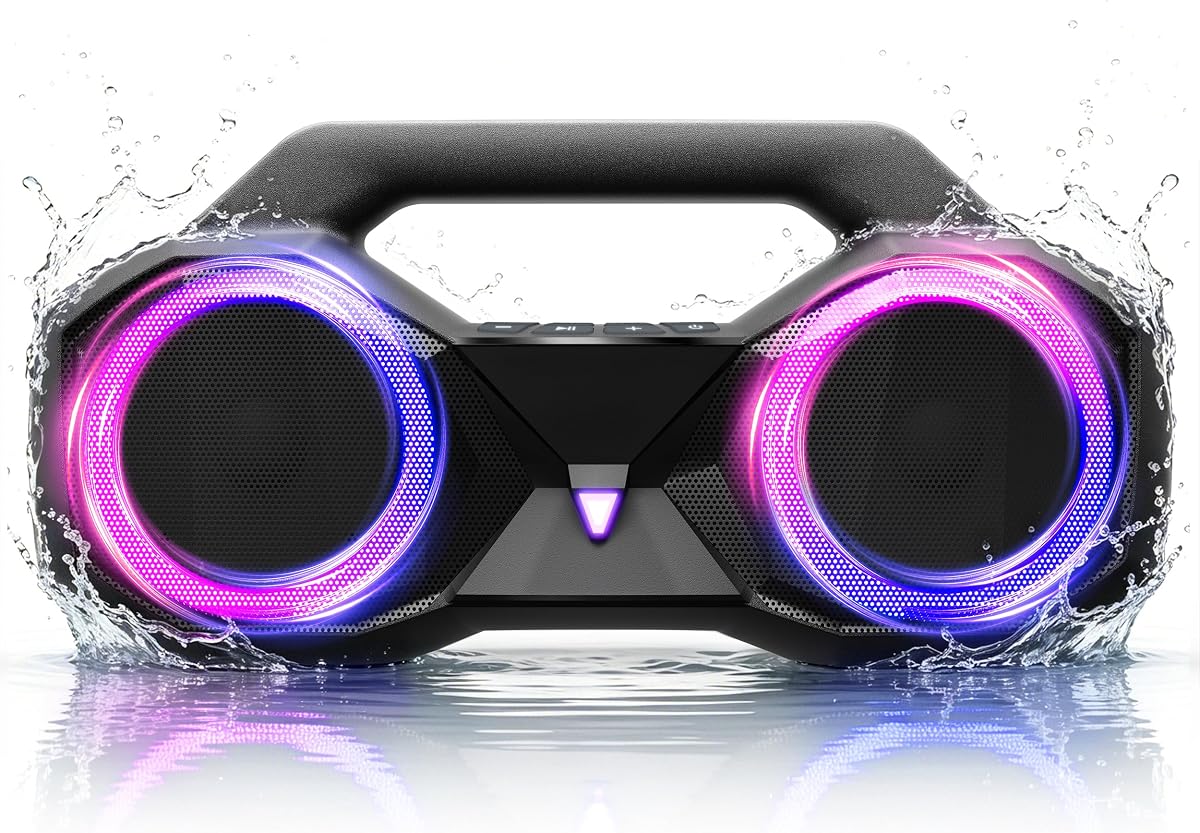 Bluetooth Speaker Outdoor Loud: 80W(Peak) with Bass, Portable Wireless Speaker with IPX7 Waterproof, 20H Playtime, RGB Lights, TWS for Outside, Beach, Work (Black)