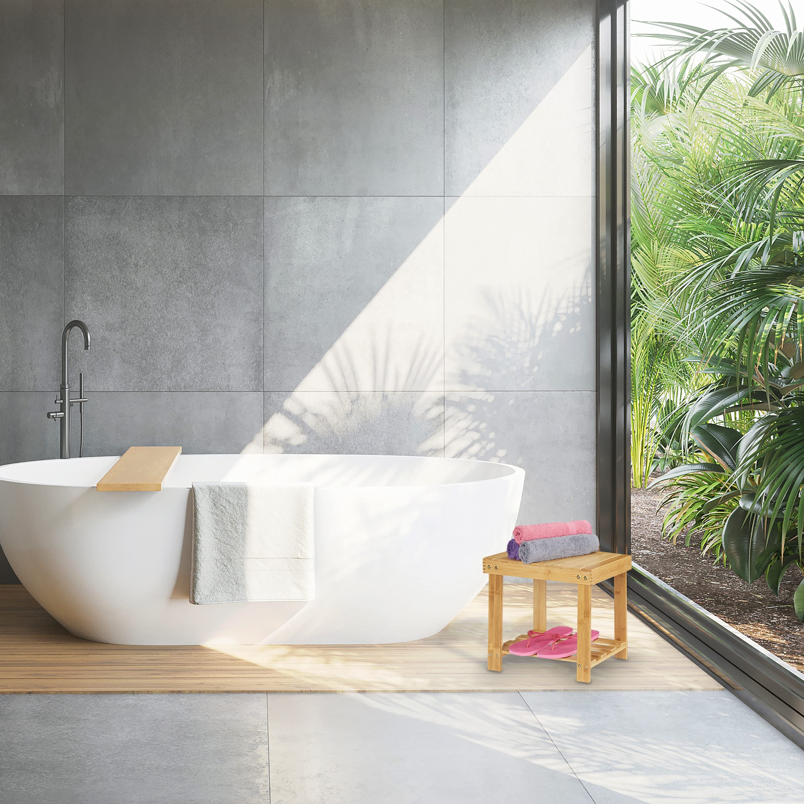 Relaxdays Tabouret de Salle de Bain Solide en Bambou, Repose-Pieds, Jusqu’à 100 kg, H x L x P 33,5 x 25 x 39 cm, Nature